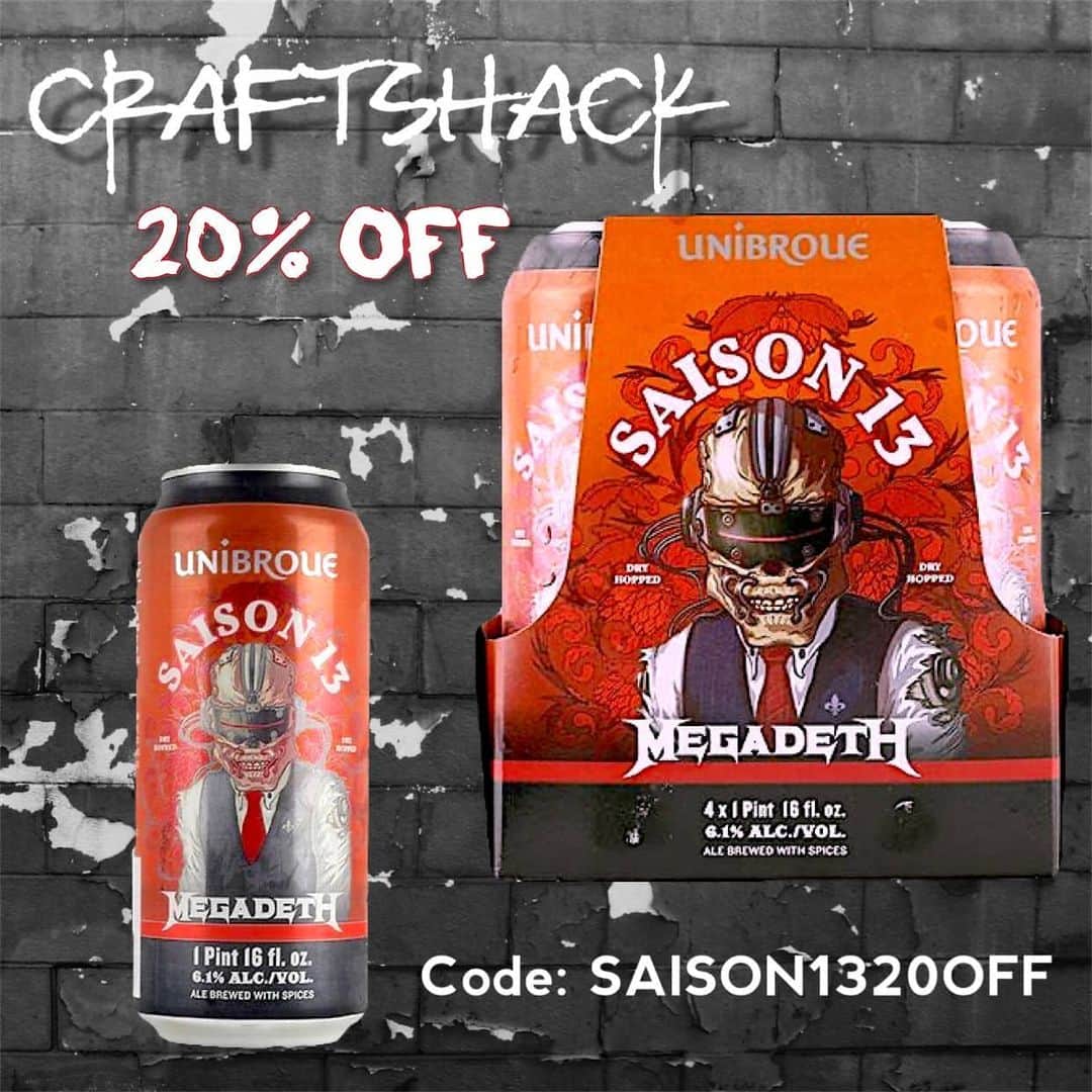 Megadethのインスタグラム：「SAISON 13 @CRAFTSHACK SPECIAL! Get 20% off @unibroue #Megadeth Saison 13 (16oz can) - minimum purchase of 12 items above. Code: SAISON1320OFF now through 2/10/21 craftshack.com (LINK IN BIO)」