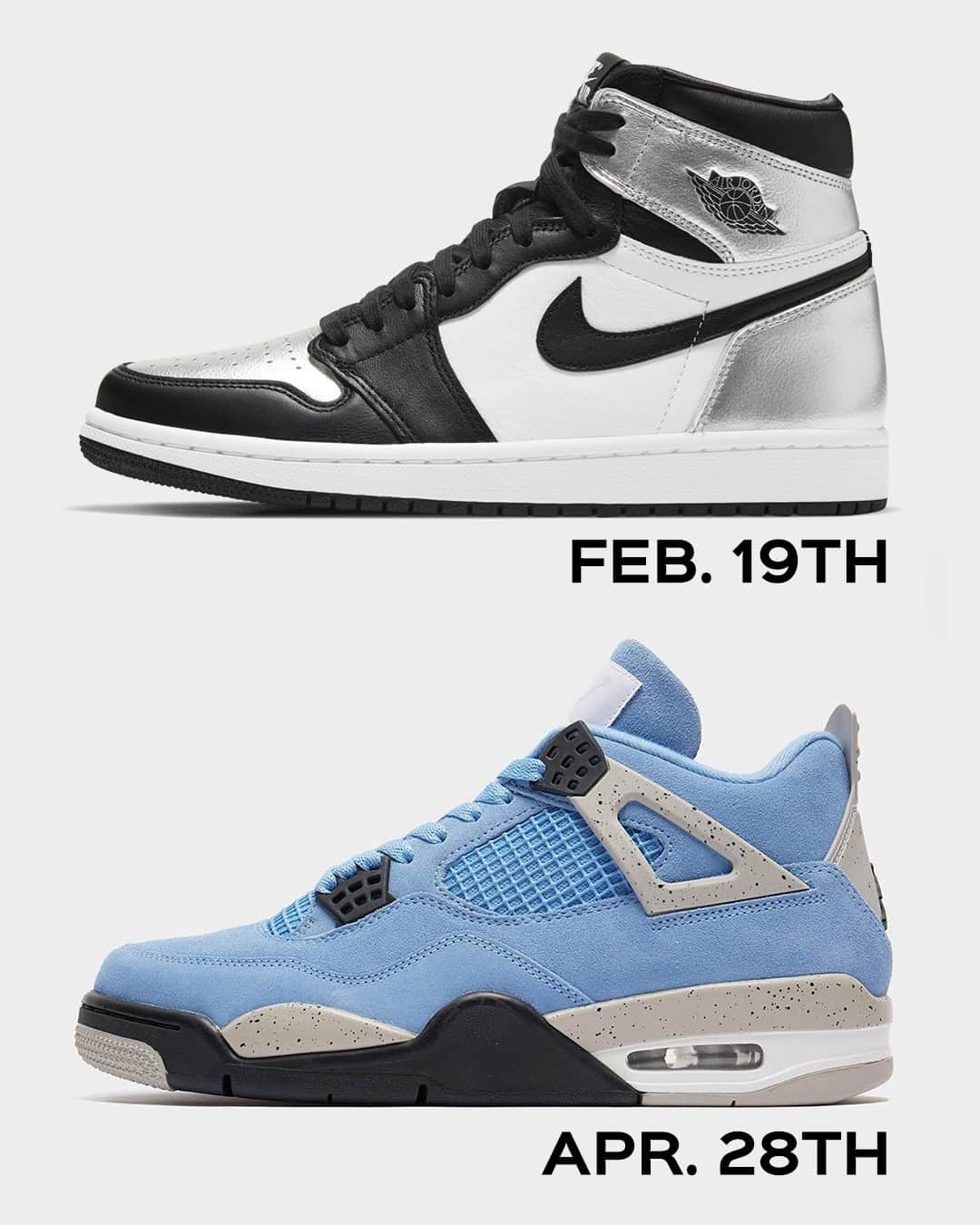 Sneaker News x Jordans Dailyさんのインスタグラム写真 - (Sneaker News x Jordans DailyInstagram)「ICYMI: There were two major release updates this week 😔⁠ ⁠ WMNS Air Jordan 1 "Silver Toe" - February 19th⁠ Air Jordan 4 "University Blue" - April 28th⁠ ⁠ Which pair are you most excited for?⁠ ⁠」2月6日 10時30分 - jordansdaily
