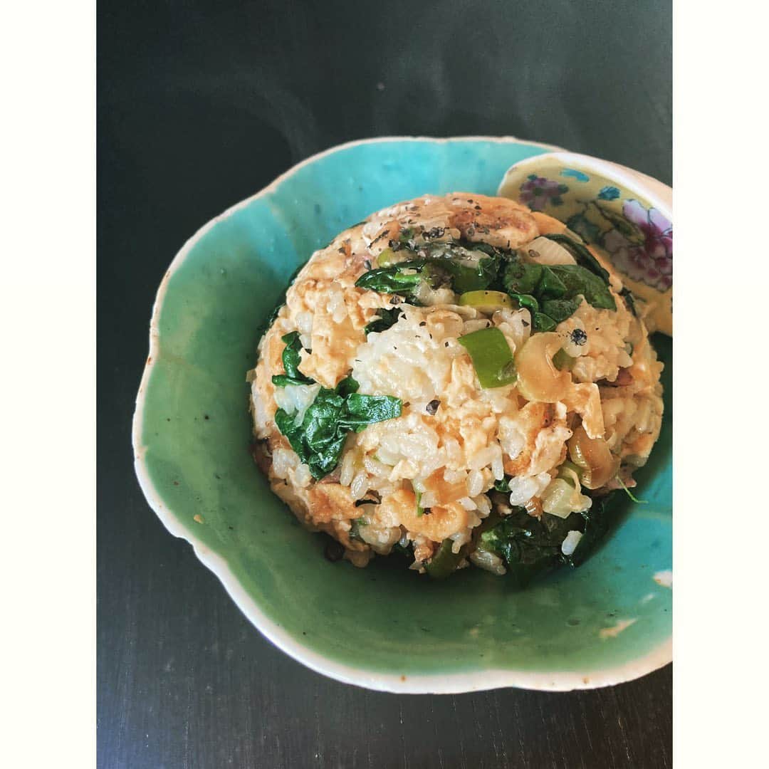 journaleatripのインスタグラム：「yellow egg  春のイメージの一つ 黄色い卵。  チヂミほうれん草と長ネギと賞味期限だいぶ過ぎてた卵の炒飯 冷蔵庫整理を盛り上げてくれた立役者は オイスターソースと頂いた手作りサラミ 冬から春へ」