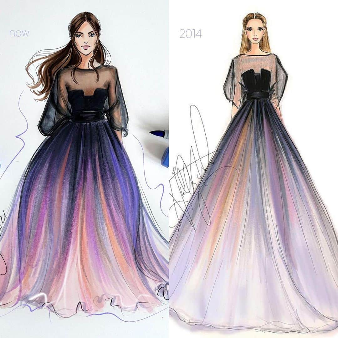 Holly Nicholsさんのインスタグラム写真 - (Holly NicholsInstagram)「Appreciating growth without judgement 💗 today In stories, I resketch my favorite gown of all time, one that I first drew in 2014, to explore the evolution of my own style.  I am learning to appreciate the time it takes to settle into my own style, and learning to look back on my old art without judgment. Check it out my tutorial in stories and highlights! Gown is Ellie Saab, spring 2014 couture. #eliesaab #fashionillustration #fashionsketch #illustration #copic #copicmarkers #hnicholsillustration」2月6日 22時28分 - hnicholsillustration