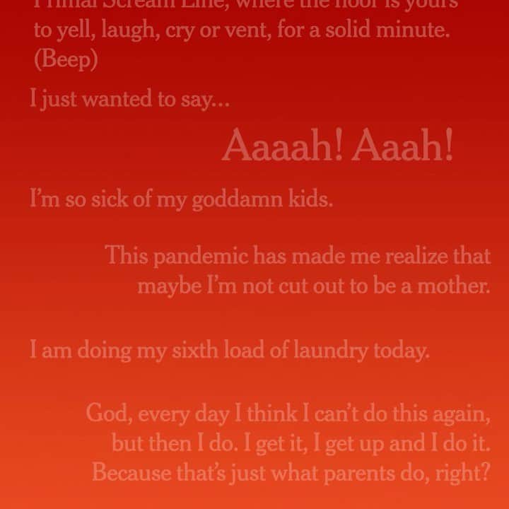 New York Times Fashionのインスタグラム：「We set up a hotline with @nytparenting for working moms to call in and scream, laugh, cry or vent for a solid minute. We called it The Primal Scream Line. Link in bio to listen.」