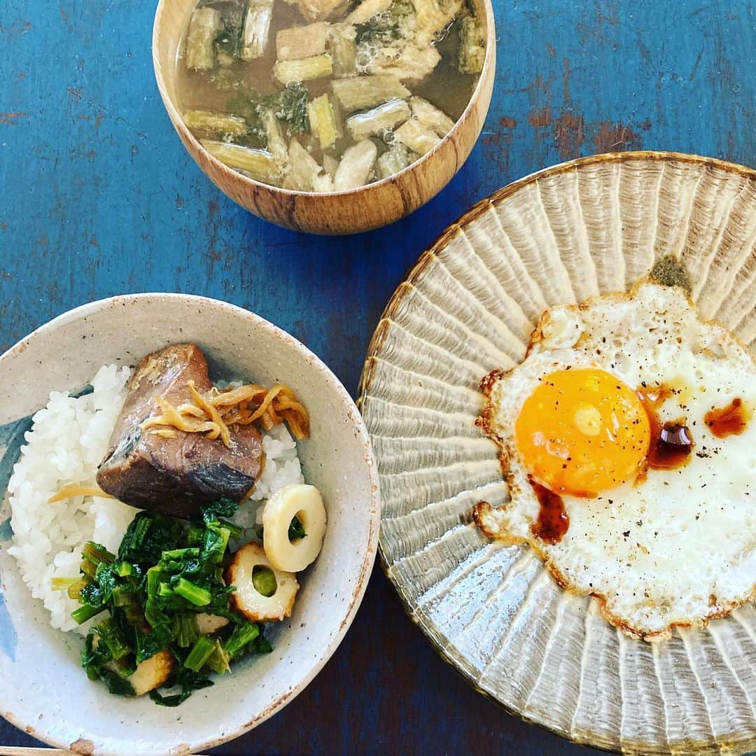 井上荒野のインスタグラム：「適当昼ごはん。なぜこれをアップしたかというと、稲葉ゆきえさん@snuko178のインスタで知った「すんき」の、フリーズドライのお味噌汁がすごくおいしかったからです。高菜とも違う、和製キムチっぽい醗酵風味とコク。体にいいもの飲んでる感。すんきは木曽の郷土食らしいけど、取り寄せてみようかな。」