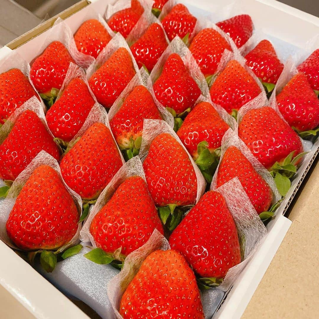 吉江瞳のインスタグラム：「幸せの瞬間😊🍓 豊洲市場で頼んだイチゴが届いた❤️ 大粒で甘くて幸せです☺️ #豊洲市場 #いちご #ももいちご #徳島」