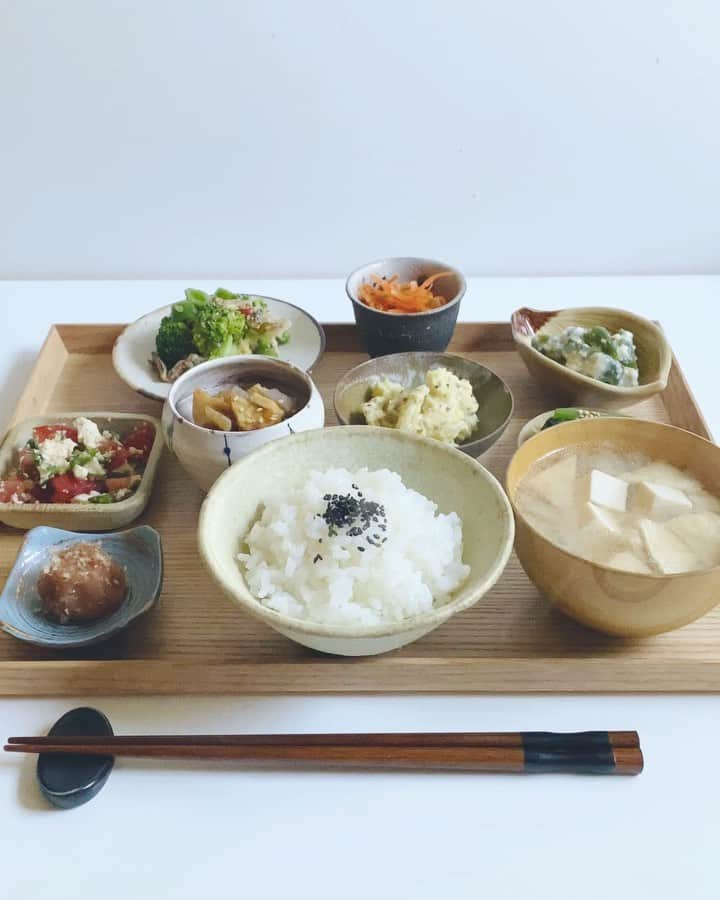 のインスタグラム：「Japanese Vegetable Lunch #vegetables #野菜　#ランチ . 「野菜の常備菜ランチ」 . 隠れ家的な「豆腐DELI」では 自家製豆腐をふんだんに使い 日々思いついた常備菜を スパイス効かせながら あれこれ創作しております。 . 心を込めて盛り沢山 彩豊富な常備菜をご用意しておりますので 小さな小さな文字で書かれた 「豆腐DELI」の真四角な看板を見かけたら ぜひぜひご来店くださいませね お待ちしております♡ . #夢のお話 #豆腐 ＃楽しいおうち時間を😊 .」