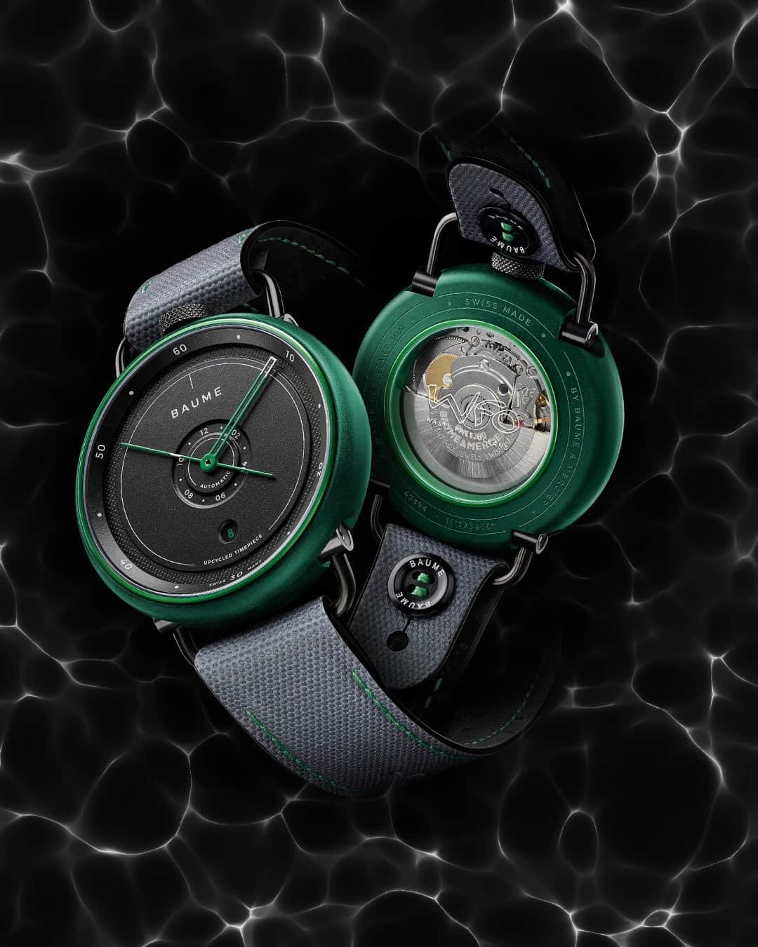 のインスタグラム：「Choose sustainable love. Created with @wastefreeoceans x @seaqual.initiative  -- BAUME OCEAN Limited Edition 10590 Automatic - Date, 42mm marble grey recycled polypropylene and green anodized aluminium case, Interchangable grey woven recycled PET strap with green stitching, 38 Hour Power reserve.  -- #BaumeEtMercier⁣⁣ #Swissmade⁣⁣ #Watchmaking⁣⁣ #WatchOfTheDay⁣⁣ #Watches⁣⁣ #Baumatic⁣⁣ #CliftonBaumatic #Innovation #Design #Materials」