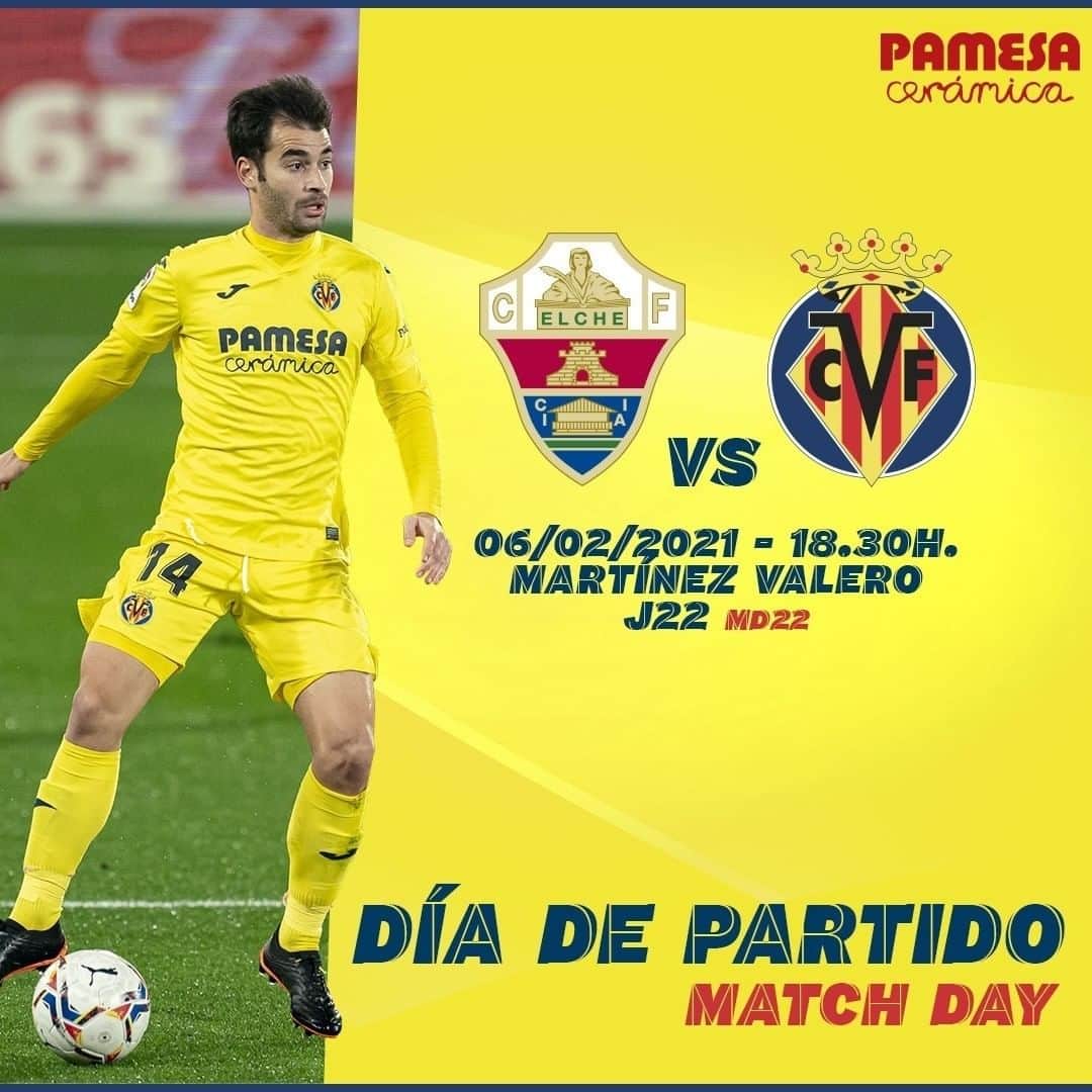 ビジャレアルCFのインスタグラム：「¡Día de partido para el Submarino 💪!   🆚 @elchecfoficial  🏆 @laliga  ⌚ 18.30 horas 🗓 Jornada 22 🏟 Estadio Martínez Valero 📺 @movistarplus  📱 #ElcheVillarreal   Matchday for the Submarine 💪!  🆚 @elchecfoficial  🏆 @laliga  ⌚ 6:30pm CET 🗓 Matchday 22 🏟 Estadio Martínez Valero 📺 LaLigaTV (🇬🇧) 📱 #ElcheVillarreal」