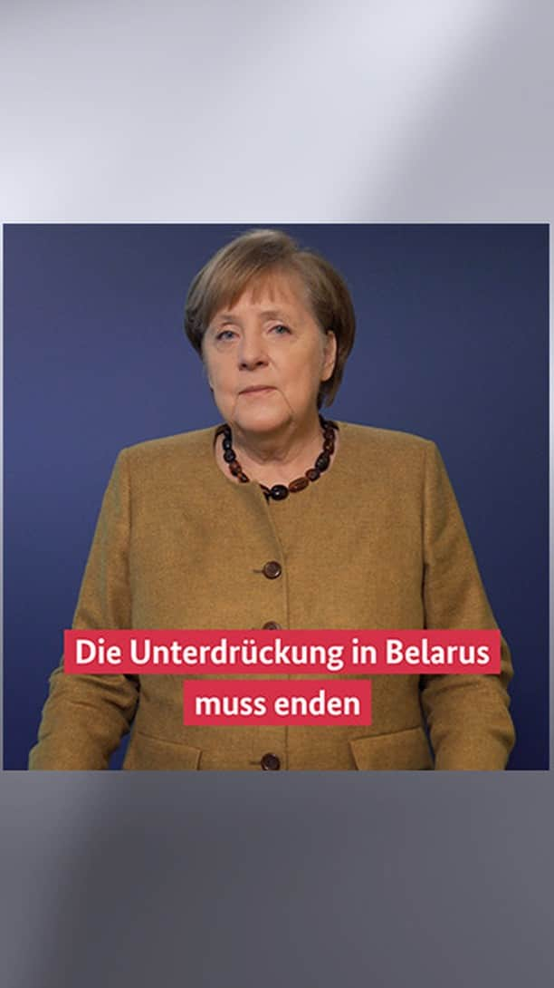 アンゲラ・メルケルのインスタグラム：「Seit einem halben Jahr gehen mutige Frauen und Männer in Belarus auf die Straße – für Demokratie und Freiheit. Die Welt darf sie nicht vergessen, sagt Kanzlerin Merkel im Podcast. Sie ruft die Führung in Minsk auf, die Repression zu beenden. „Deutschland und die Europäische Union werden die Verantwortlichen für die fortwährenden Menschenrechtsverletzungen in Belarus auch weiterhin zur Rechenschaft ziehen, wie wir es mit EU-Sanktionen schon getan haben“, so Merkel.」