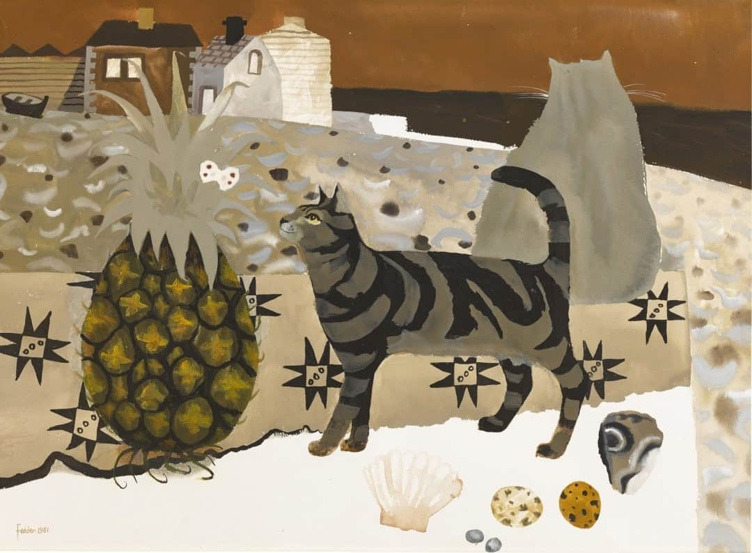 サザビーズさんのインスタグラム写真 - (サザビーズInstagram)「The Cat's Meow: What better way to celebrate Caturday than with a painting by the inimitable Mary Fedden? 🐈🍍🐚  Fedden had a deep-rooted love of cats and they feature frequently in her work - can you spot the second feline in the background? An art critic once wrote, "in her paintings her cats are often statuesque and commanding, almost frozen as if they are pretending to be part of the still life."  This painting from 1981 will be offered in our 'Made in Britain' online auction, open for bidding from 9-18 March. Link in bio for more.  #SothebysModBrit #MaryFedden #Caturday #CatsinArt #BritishArt」2月6日 18時01分 - sothebys