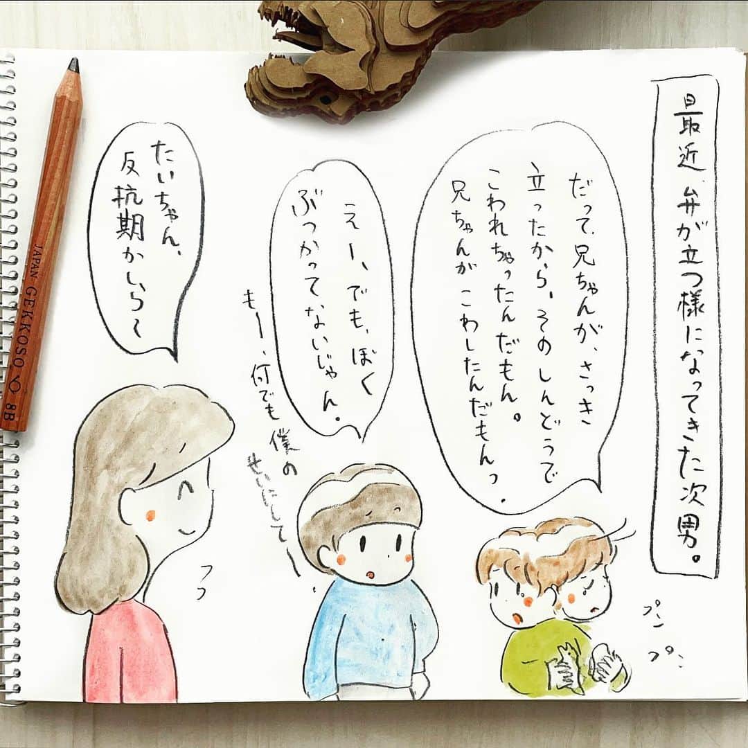 HAMAYUのインスタグラム：「反抗期に反抗期な長男。 ・ 次男は最近ぐんと語彙量が増えて私が叱っても言い返す事も出てきました👦兄に対しても物申す事もしばしば。一方、長男は穏やかな性格でそういう事が少ないと感じていたら…何じゃそりゃ💦相変わらず本ばかり読んでいて無駄な？知識ばかりつけています😂コントロールなんてしないで何事も経験しておけば良いよ〜！ ・ #将来#恥かく と#反抗期#俯瞰する#長男 ・ #小学5年生#年長#11歳#6歳#2人兄弟#育児絵日記#子育て日記#イラスト#イラストグラム」