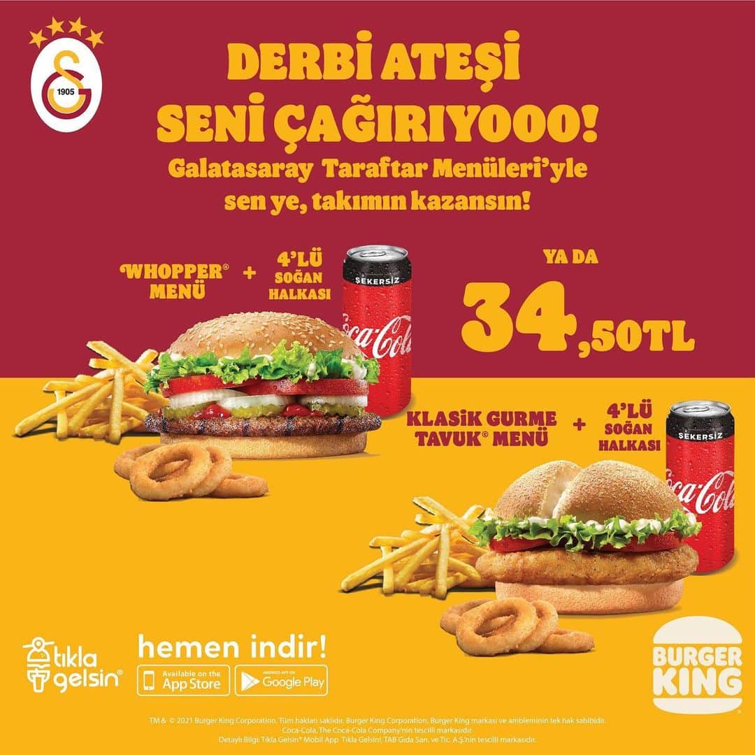 ガラタサライSKさんのインスタグラム写真 - (ガラタサライSKInstagram)「Galatasaray taraftarı derbi ateşini Burger King®’le yaşıyor! Yenilenen Tıkla Gelsin® mobil uygulamasını indir, Burger King®’den Galatasaray Taraftar Menüsü siparişini ver. Sen ye, Galatasaray kazansın!  👉 https://cutt.ly/Mjksf0l」2月6日 22時56分 - galatasaray
