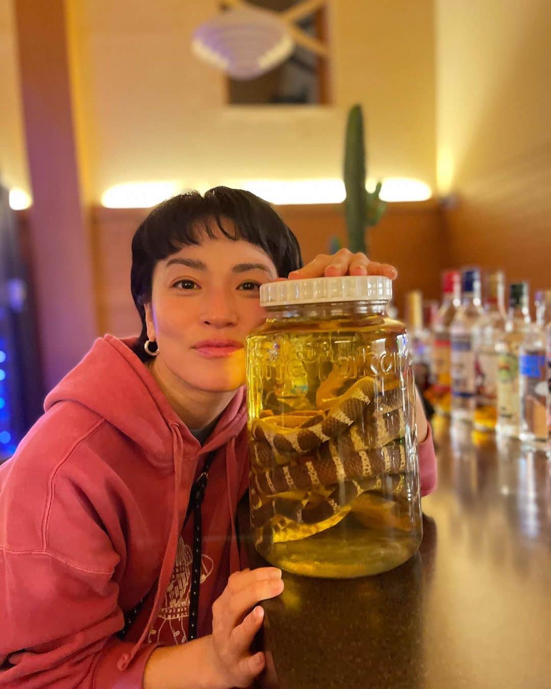 桃生亜希子さんのインスタグラム写真 - (桃生亜希子Instagram)「ハブ酒と私。  #同じ写真2回」2月7日 0時27分 - pinokosugar