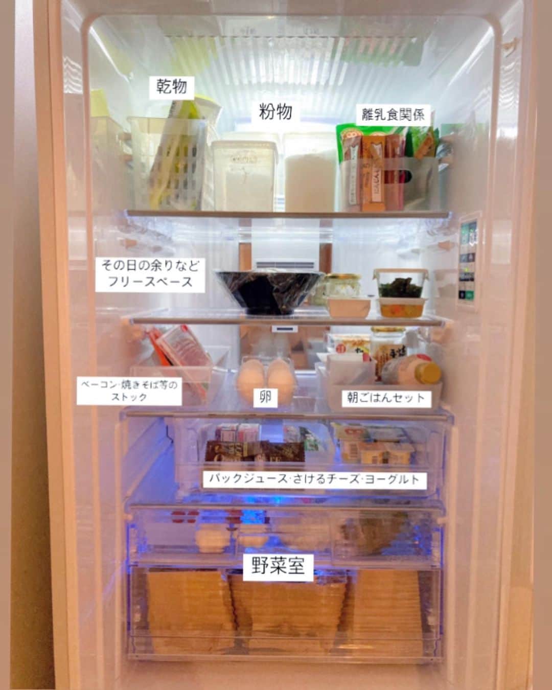 aco.さんのインスタグラム写真 - (aco.Instagram)「2021.2.7  ✔︎昨日の#一日一整 と#冷蔵庫収納  冷蔵庫内の掃除をしました  ふと見たら結構汚れていて そういえば年末大掃除では 庫内まではしなかったんだった…と思って 勢いで全出ししました  小さなパーツは洗ったけど 外せる引き出しなどは濡れたのを拭くのも大変なので アルコールスプレーで拭き上げ（庫内も）  特に一番下の段が 予想以上に汚くてびっくりしました😂  全出ししたついでに 賞味期限切れの物チェックと収納見直しを  最後のpic 賞味期限切れの物、こんなにありました😂  ちょっとくらい賞味期限過ぎてても使うけど そんなレベルでない…ひどいのは2017年😇😇😇 （一応毎年大掃除してるのになんでだろ） . . . 冷蔵庫収納 は お洒落さのかけらも無く生活感丸出しですが 使いやすさが一番です  我が家は冷蔵ドアを開いた中に野菜室がある 変わったタイプで 使いこなせるか心配でしたが 目に付きやすいので野菜の使い忘れが減りました  ちなみに我が家の冷蔵庫は#どっちもドア  （このサイズの白はもう無いみたいだけど）  この場所には幅60センチのものしか置けず かつ左開きってあんまり無くて  普段は左開きでしか使いませんが 写真1枚目みたいに右開きにすると とても掃除がしやすい✨  というか、右開きにしないと 中の引き出しが取り出せなかった💦 両開きじゃなかったらどうなってたのか…🙄 . . . 大体週明けに 1週間分の食材をまとめ買いするので 週末になるとメインになるものがない😂  息子が食べ盛りになってきたので 肉がないと晩御飯作りはキツいですー . . . . . #aco暮らしを整える .」2月7日 0時48分 - aco.chaaaaan