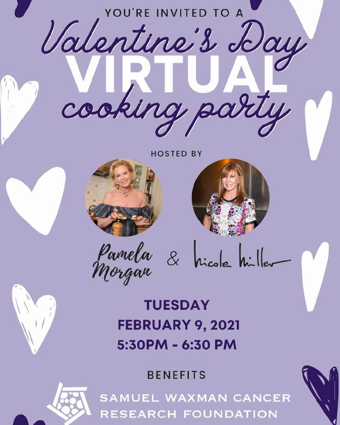 ニコールミラーのインスタグラム：「Join @flirtingwithflavors and @nicolemillerlife this Tuesday from 5:30 PM to 6:30 PM for a Valentine’s Day Virtual Cooking Party benefiting the Waxman Cancer Research Foundation @waxmancancer. Register in advance here: https://www.waxmancancer.org/events/cooking-party-for-cancer-research/」