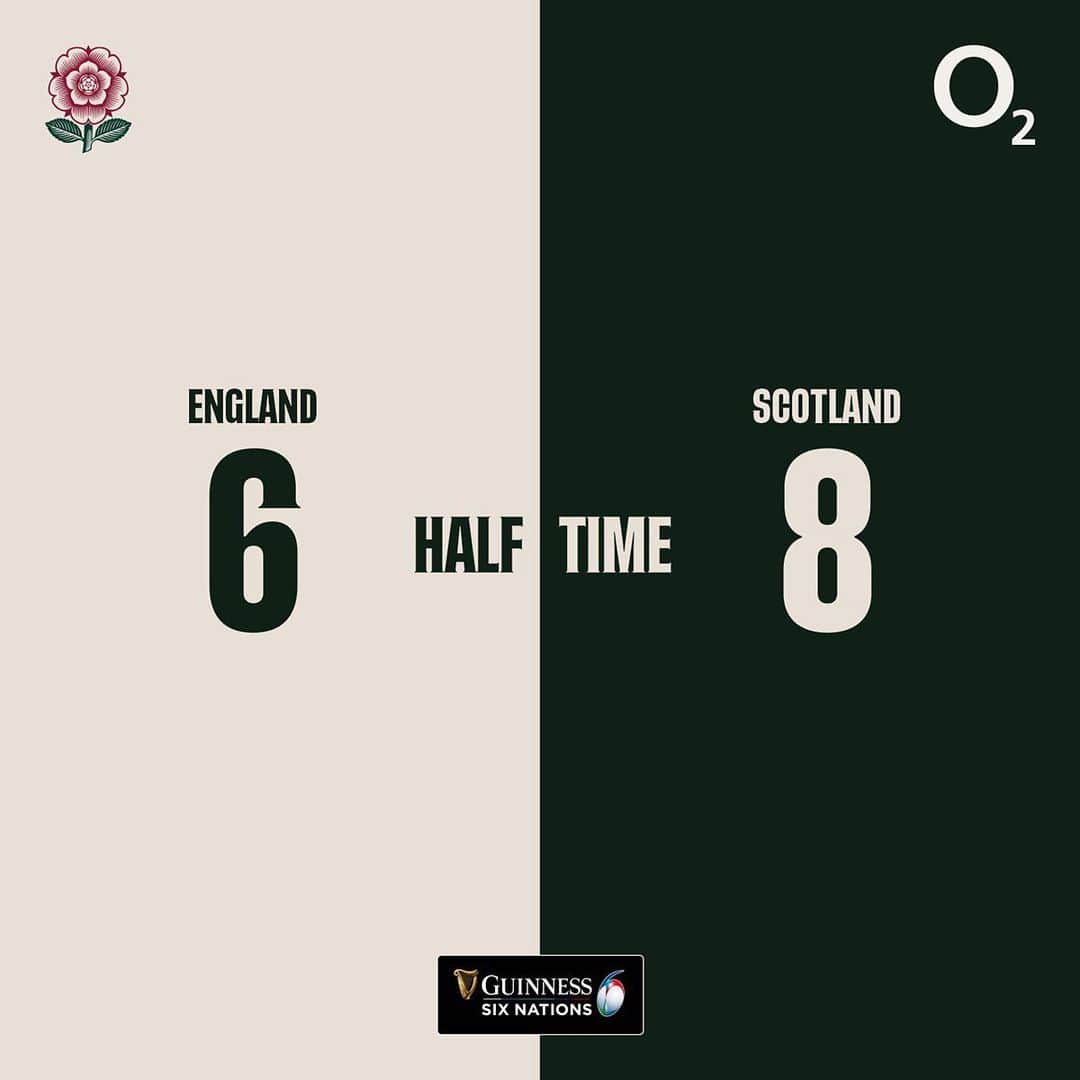 ラグビーイングランド代表のインスタグラム：「Half time at Twickenham and Scotland have a narrow lead.   #ENGvSCO #CalcuttaCup #GuinnessSixNations」