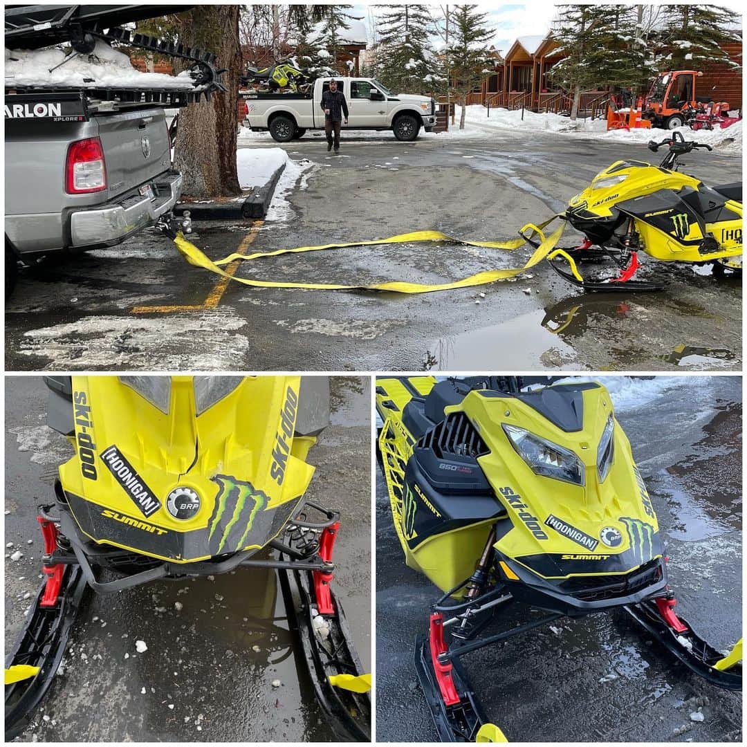 ケン・ブロックのインスタグラム：「Check out the rally mechanic ingenuity at work by Hoonigan Racing Shop Manager Ken “Butch” Anctil, using his skills in a hotel parking lot here in Jackson to fix the front end of my @SkiDoo Summit Turbo - with a ratchet strap and tow bar! A tree jumped in front of me, and Butch got my bumper straightened and platic repaired with zip ties, using these very rally’esque repair techniques.」