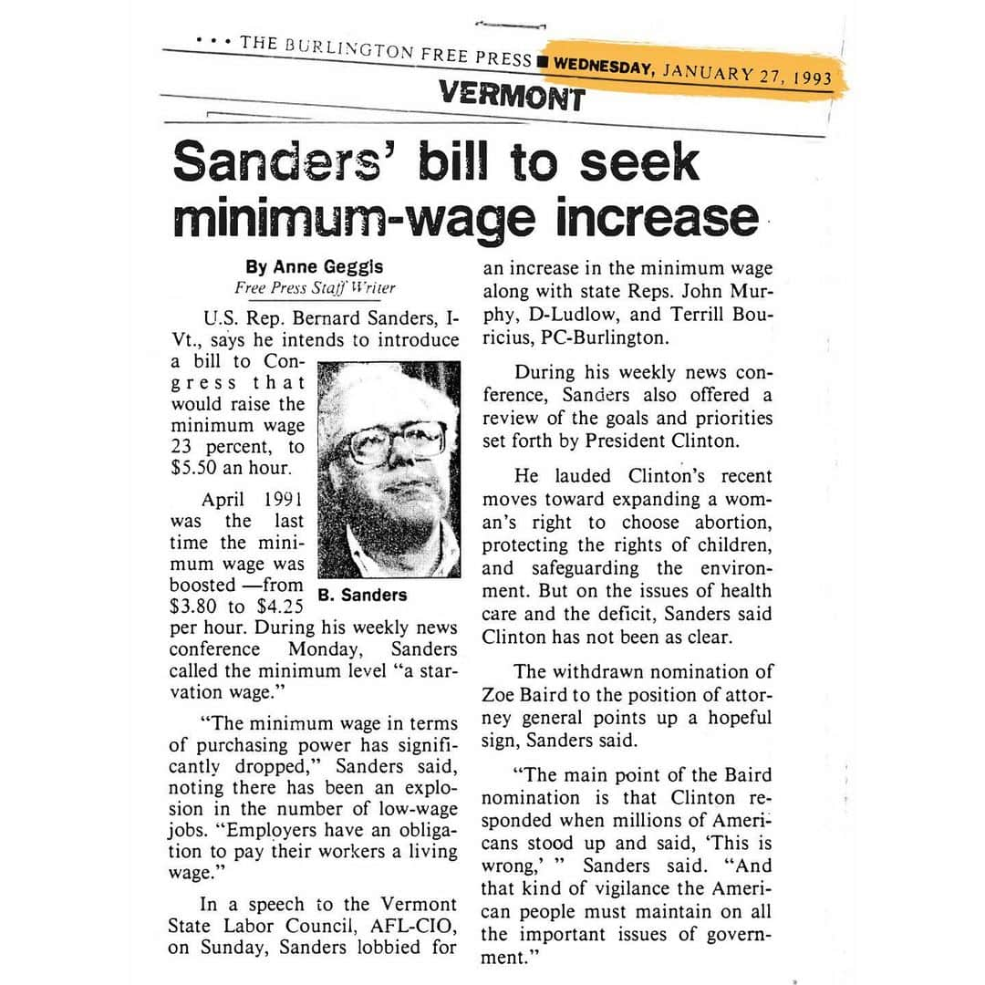 バーニー・サンダースさんのインスタグラム写真 - (バーニー・サンダースInstagram)「How it started // How it's going  I have worked to raise the minimum wage from almost my first day in Congress. In 1993, I introduced a bill that would have raised the minimum wage to $5.50 an hour. At the time, it was kind of a radical idea. That bill only had a couple dozen co-sponsors and there was only one other person in the entire House of Representatives who had introduced similar legislation. Nearly thirty years later, some politicians still say raising the minimum wage to a living wage, $15 an hour, is “too radical.”  But what is truly radical is the fact that the wealthiest country in the history of the world allows 40 million of its people to live in poverty while 40% of its people can’t afford basic needs. What is radical is the fact that millions of people work 40 hours a week and at the end of the week they are worse off than when they began. What is radical is that we have millions of people who are forced to work two or three jobs just to put food on the table and a roof over their heads.  Let me assure you, Congress would pass a $15 minimum wage faster than you could imagine if they were forced to live on $7.25 an hour. Now is the time for action for the working people of this country. Now is the time for Democrats to deliver on the promises made to the American people.」2月7日 4時01分 - berniesanders