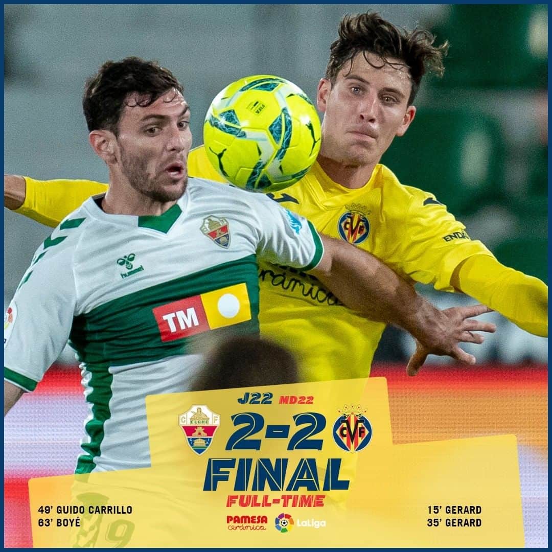 ビジャレアルCFのインスタグラム：「FINAL en el Martínez Valero (2-2).  FULL-TIME at the Martínez Valero (2-2).  #futbol #soccer #football #submarino #laliga」
