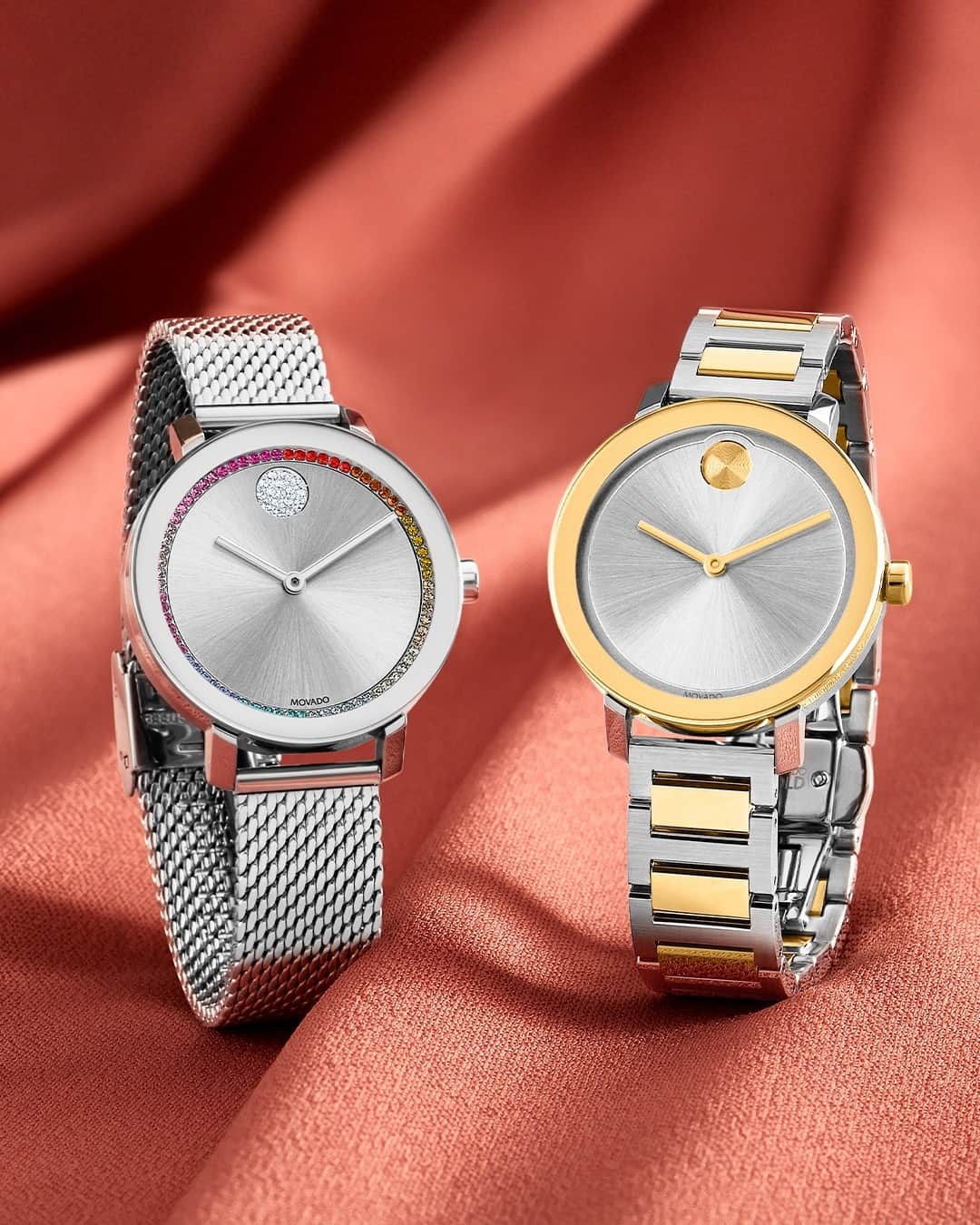 モバードのインスタグラム：「LOVE BOLDly in rainbow crystals or in a beautiful two-toned bracelet. #MovadoBOLD available now on movado.com」