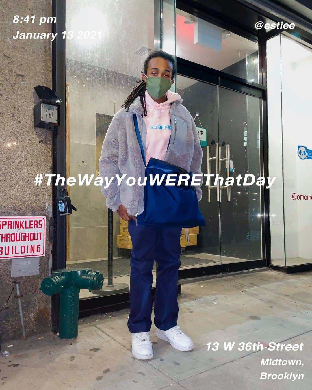 筒井心一のインスタグラム：「@estiee on 13 #West36thStreet at 8:41 pm, January 13 2021, #NewYork ﻿ #OutfitOfTheDay = #TheWayYouWEREThatDay」