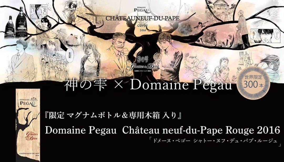 神の雫WINE SALONのインスタグラム：「先日昨年末販売されました世界限定300本 神の雫×ドメーヌ ぺゴーの貴重ワイン。 残りわずか✨  ドメーヌ ぺゴー　シャトー　ヌフディパフ レ・グット・ド・デュー2016。 1500ml 木箱入り。198000円(税別)  https://kaminoshizuku.jp/item/detail/1_101_domainepegau2016  ≪当主のローランス・フェローより≫ 漫画『神の雫』が出版されてからというもの、この漫画を手掛 けた作者にお会いしてみたいと長らく願っておりました。そして ついに 2 0 1 9 年 11 月末、幸運にも樹林ファミリーの訪問を受ける ことが出来ました。この訪問は、私が手塩にかけて熟成させた 2 樽の シャトーヌフ・デュ・パプ 2 0 1 6 年のバレル・サンプルを彼らに テイスティングして貰う良い機会となりました。亜樹直氏(漫画の 作者)とオキモト・シュウ氏(イラストレーター)とのタイアップ 企画もこの時に提案させていただきました。 「グット・ド・デュー(神の雫)」プロジェクトに関わる日本のチーム メンバー全員がこのプロジェクトに多大な関心を見せ、2020年 オリジナルラベルの展開図 専用の木箱とスカーフがついています 9 月にプロジェクトは完成しました。 この漫画の歩んだ歴史を再び辿るべく、『神の雫』の物語がマグ ナム瓶の周囲全体を取り囲むようにして描かれています。 そこに描かれた物語は、人生の木―すなわち 1 本のブドウの木と 私たちにとって最も重要な人生の節目の 1 つ 1 つを辿る物語です。 それぞれの世代の持つ「家族の年代記(クロニクル)」がワイン という絆によって 1 つに結ばれています。『神の雫』の誕生以来、 世界中の人々は、『神の雫』の漫画を読むことによってその世界 観を体験してきました。今や、その『神の雫』を味わうこ とが出来るのです。 ------------------------------------------- 神の雫Wine Salon 公式HP https://kaminoshizuku.jp/」