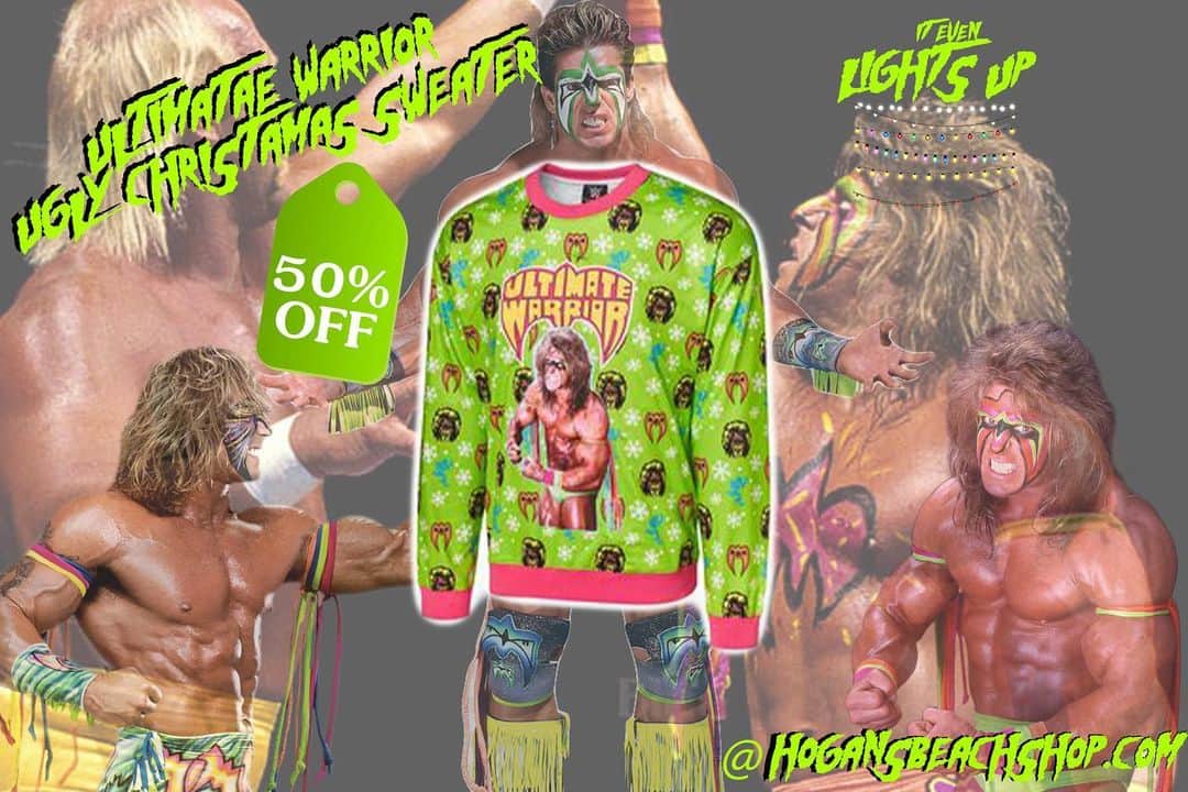 ハルク・ホーガンのインスタグラム：「Check this out ✅ We have are Ultimate Warrior Ugly Christmas Sweater🎄 50% off  in store and online... It even lights up💡 (Link in our bio) https://hogansbeachshop.com/products/ultimate-warrior-light-up-ugly-holiday-sweatshirt?_pos=1&_sid=c4bc5f9ed&_ss=r」