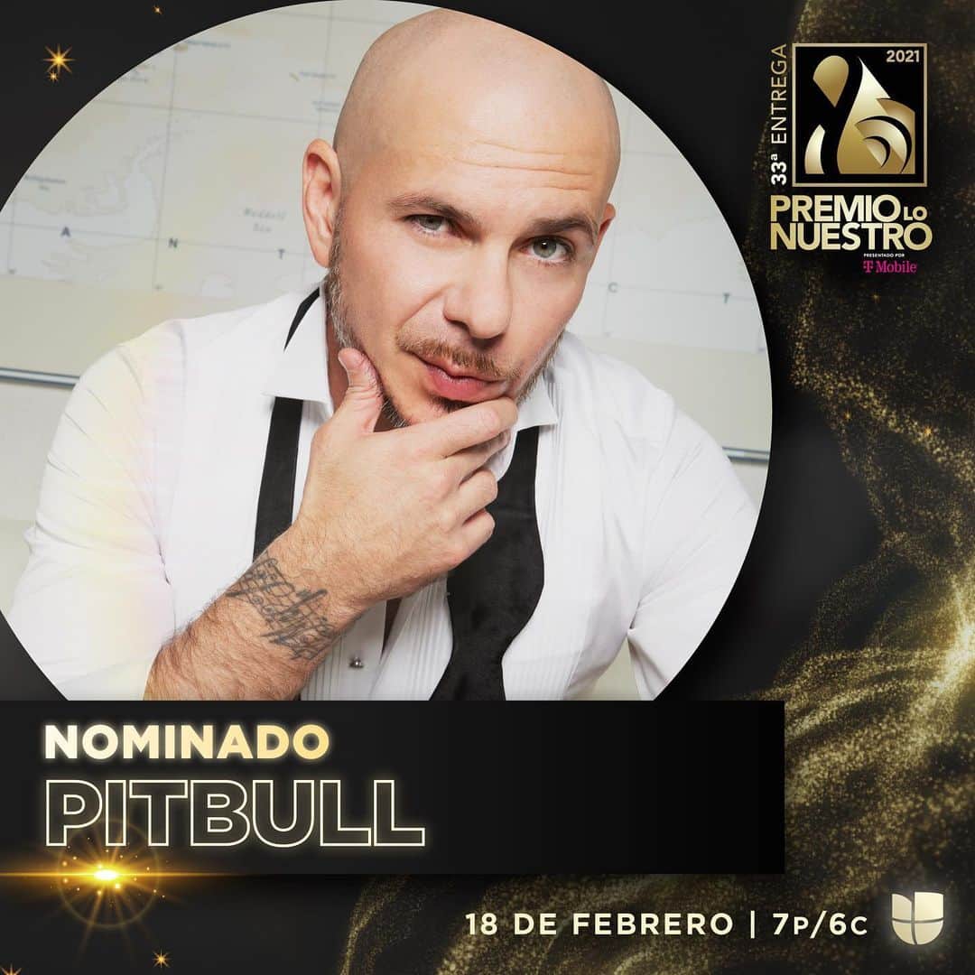 ピットブルのインスタグラム：「Honored to be nominated for 3 @premiolonuestro awards this year.   Un honor el estar nominado a 3 @premiolonuestro este año.」