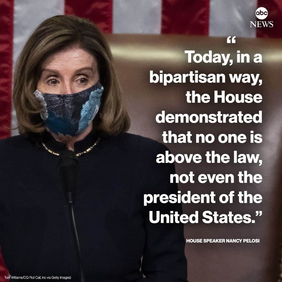 ABC Newsさんのインスタグラム写真 - (ABC NewsInstagram)「"Today, in a bipartisan way, the House demonstrated that no one is above the law, not even the president of the United States," says Speaker Pelosi says after House votes to impeach Pres. Trump for a second time.」1月14日 8時20分 - abcnews