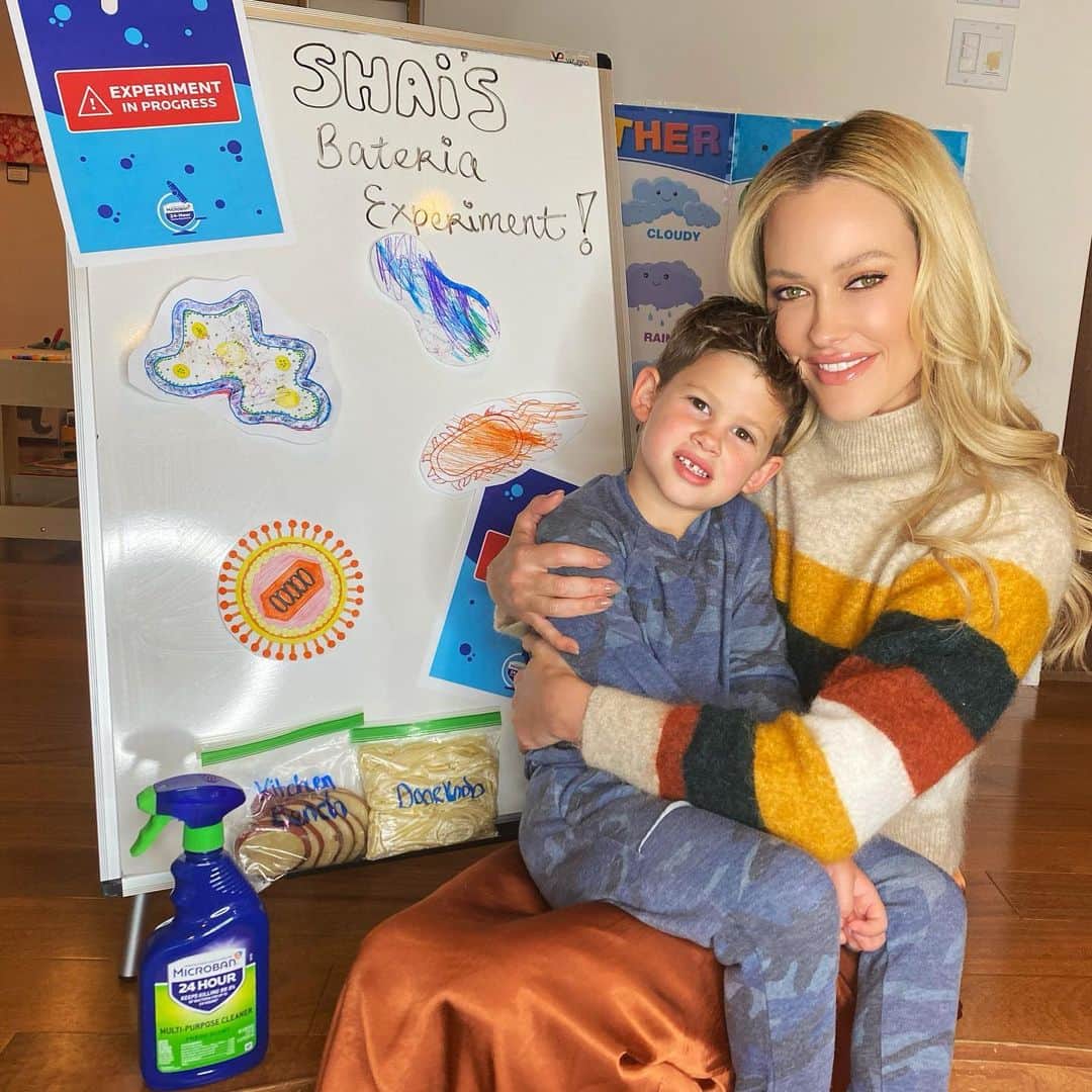 Peta Murgatroydのインスタグラム：「These days my number one job is trying to find better ways to teach my son about cleanliness. Shai is only 4 so sometimes it’s difficult for him to grasp the logic behind my constant cleaning 😝#Microban24Partner Luckily though @microban24 has found really fun and creative ways to educate children on the basics of bacteria and how/where it grows in your home. So Shai and I did an experiment and wiped potato slices and noodles on common high-touch surfaces around our home, then placed our “samples” in a baggie and monitored the bacterial growth for 24 hours. After seeing the samples, I’m so glad I have Microban 24 to protect our surfaces from the spread of bacteria for 24 hours. Head to my stories to download the experiment for yourself! #protectionthatliveson」