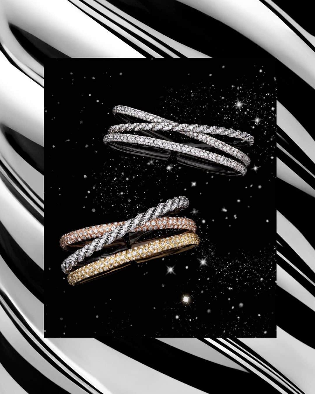 デビッドヤーマンのインスタグラム：「Diamonds in motion. These Pavéflex cuffs are engineered to flex and bend without losing their elegant form. #TapToShop #DavidYurman」