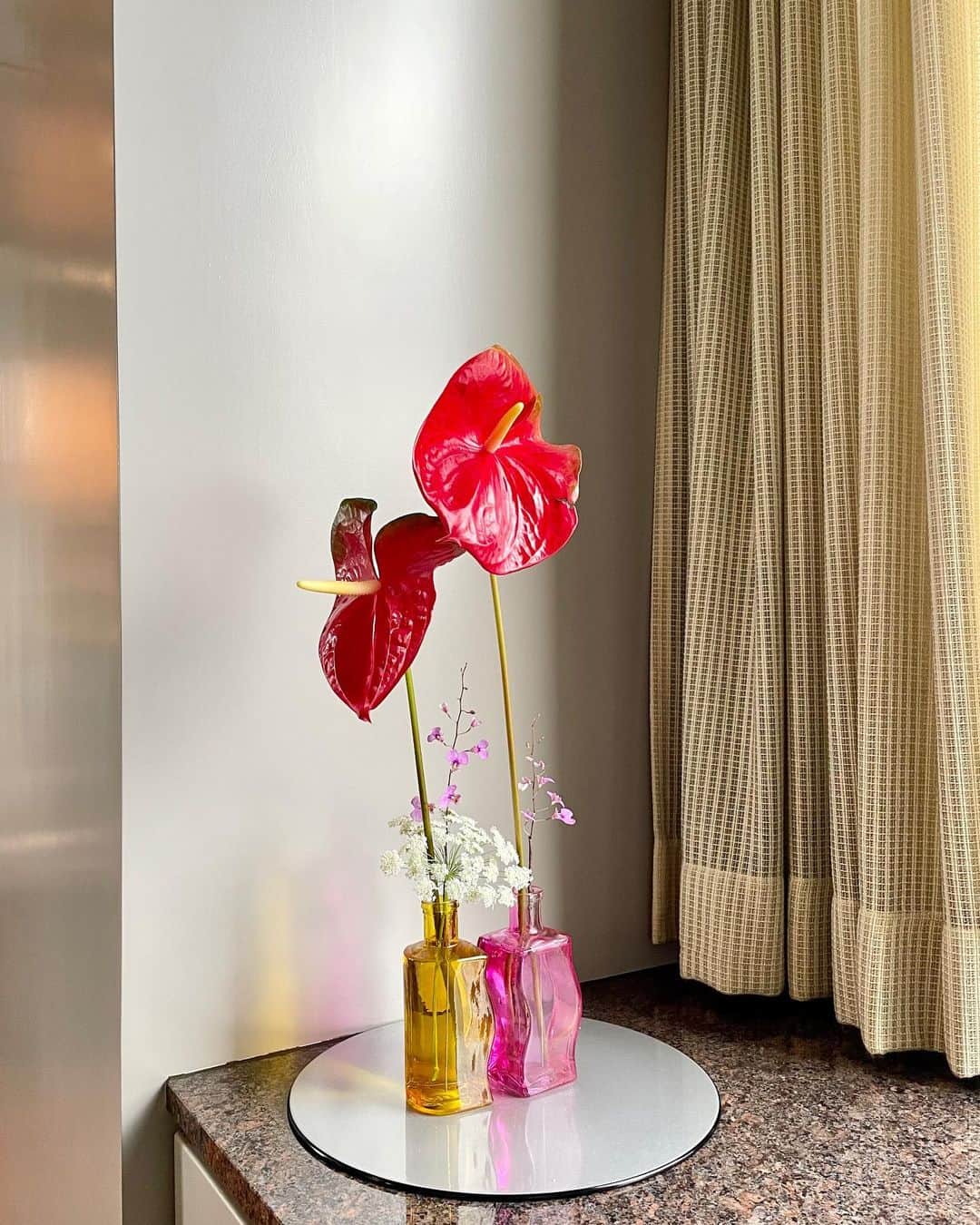 いけばな池坊さんのインスタグラム写真 - (いけばな池坊Instagram)「＊﻿ 【暮らしの花／Flower of Daily Life／生活之花】﻿  ﻿ 1月14日／14th January ﻿  ﻿ 赤いアンスリュームがきれいです。淡い色のイオノプシス、優しい小さな白い花がかわいいレースフラワー。﻿ どれもかわいいですね。﻿ Red Anthuriums are beautiful. ﻿ Delicate violet orchids with light purple and graceful white lace flowers are all so cute.﻿ 紅色的火鶴非常漂亮。﻿ 淡紫色的擬紫羅蘭和優雅的白色蕾絲花都十分可愛。﻿ ﻿ 花材：アンスリューム、イオノプシス、レースフラワー﻿ Anthurium, delicate violet orchid, lace flower ﻿ 火鶴，擬紫羅蘭，蕾絲花﻿ ﻿ 花器も可愛いですよね😉💕﻿ ﻿ ﻿ #花をいけようキャンペーン #花をいけよう #暮らしの花﻿ #暮らしに花を #暮らしを楽しむ #季節を感じる #生活を整える #お家時間  #お家で過ごそう #おうち時間を楽しむ #花のある暮らし #花の力 #子供と一緒に #簡単 #お家で﻿ #池坊 #いけばな #いけばな池坊 #華道﻿ #ikenobo #ikebana #kyoto #japaneseculture #floweroflife #ikebanaforpraying #stayhome﻿ #1月の花 #アンスリウム #イオノプシス #レースフラワー」1月14日 17時54分 - ikenobo550