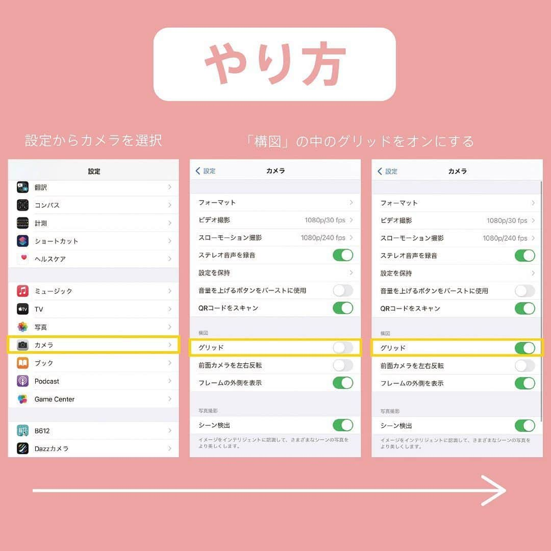 フォトリ Magazineさんのインスタグラム写真 - (フォトリ MagazineInstagram)「. 【iPhoneおすすめ設定方法】 普段の写真がもっと素敵に撮れる設定方法をご紹介！ . 1.グリッドを使う 画面が９つのブロックに分かれるグリッド。 「設定→カメラ→グリッドをON！」 で完了！ 構図を意識して撮影することができます！ 構図の説明は前の投稿をぜひ見てみてください☺️ . 2.設定を保持する 前回の設定のまま撮影できる方法 「設定→カメラ→設定を保持→カメラモードをON！」 で完了！ ポートレート撮影のさまざまなエフェクトや、カメラフィルター、動画のフレームレートなど、一度カメラを閉じると元に戻ってしまってちょっとやっかいだったりした経験はありませんか？ そんな二度手間を防ぐ方法です！！ 一番最後に使った設定のまま保持してくれるんです✨✨ . . ぜひこの二つの設定を試してみてください！ . . .  フォトリオリジナルタグ 「#写真で明日をもっと楽しく」 始めました🌟 @photream_college をフォロー＆ 「#写真で明日をもっと楽しく」のタグ付けで、日常のお写真をどんどん投稿してください！ 投稿してくださった方の中から、このアカウントで投稿をご紹介♪ .  🐣フォトリ大学は「明日をもっと楽しくする」カメラ講座です！ ワンタッチ編集のプリセット販売やフォトグラファーを目指すフォトリ大学プロ開校中です！ 詳細はプロフィールからチェックしてみてください✨  . #フォトリ#photream#出張撮影#ファインダー越しの私の世界 #キッズフォト#こどものいる暮らし#カメラ#一眼レフ#写真で明日をもっと楽しく　 #スマホ撮影#iPhone12promax#何気ない瞬間を残したい #関東ママ #関西ママ #ママスタグラム#ハーフバースデー#ベビライフ#イベント撮影#撮影会#フォトスタジオ#スタジオフォト#ママカメラ#新米ママ#令和ベイビー#ベビスタグラム#赤ちゃんのいる暮らし」1月14日 21時48分 - photream_college