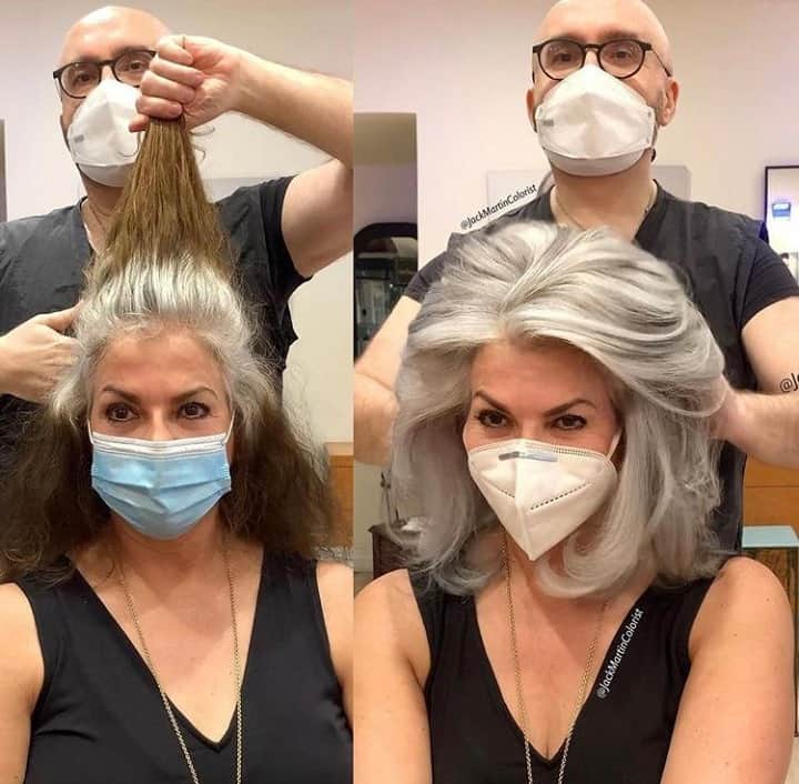 のインスタグラム：「AMEN to life-changing New Year's transformations🙌⁣ ⁣ @jackmartincolorist 's formula👇⁣ 1️⃣ "I lightened the whole hair in foils by taking very thin sections leaving her natural roots untouched until I reached level 10 pale blonde.⁣ 2️⃣ Rinsed, towel-dried, and pre-toned the yellow with Kenra Professional SV Silver Violet.⁣ 3️⃣ Rinsed the hair again, dried and created the low lights in foils to match the pattern of her roots by using Kenra Professional Permanent Cool Night Naturals Collection 6 NUA Demi + 9 Vol for 30 minutes (when you are applying the low light on silver base hair, it won’t go brassy when it fades).⁣ 4️⃣ I applied on the hair left outside the foils Kenra Professional 10SM Silver Metallic mixed with 9 Vol for 30 minutes. Total service: 8 hours."⁣ ⁣ Find the Kenra Professional shades you need to create the perfect, New Year's transformation at Cosmo Prof! Don't forget, Same Day Delivery Available. SHOP via #LinkInBio⁣ ⁣ #repost #kenra #kenracolor #kenraprofessional #cosmoprofbeauty #licensedtocreate #hairtransformation #hairtransformations #hairmakeover #beforeandafterhair #colorcorrection #grayhair #grayhairdontcare #greyhair #greyhairdontcare #silverhair #silverhairdontcare」
