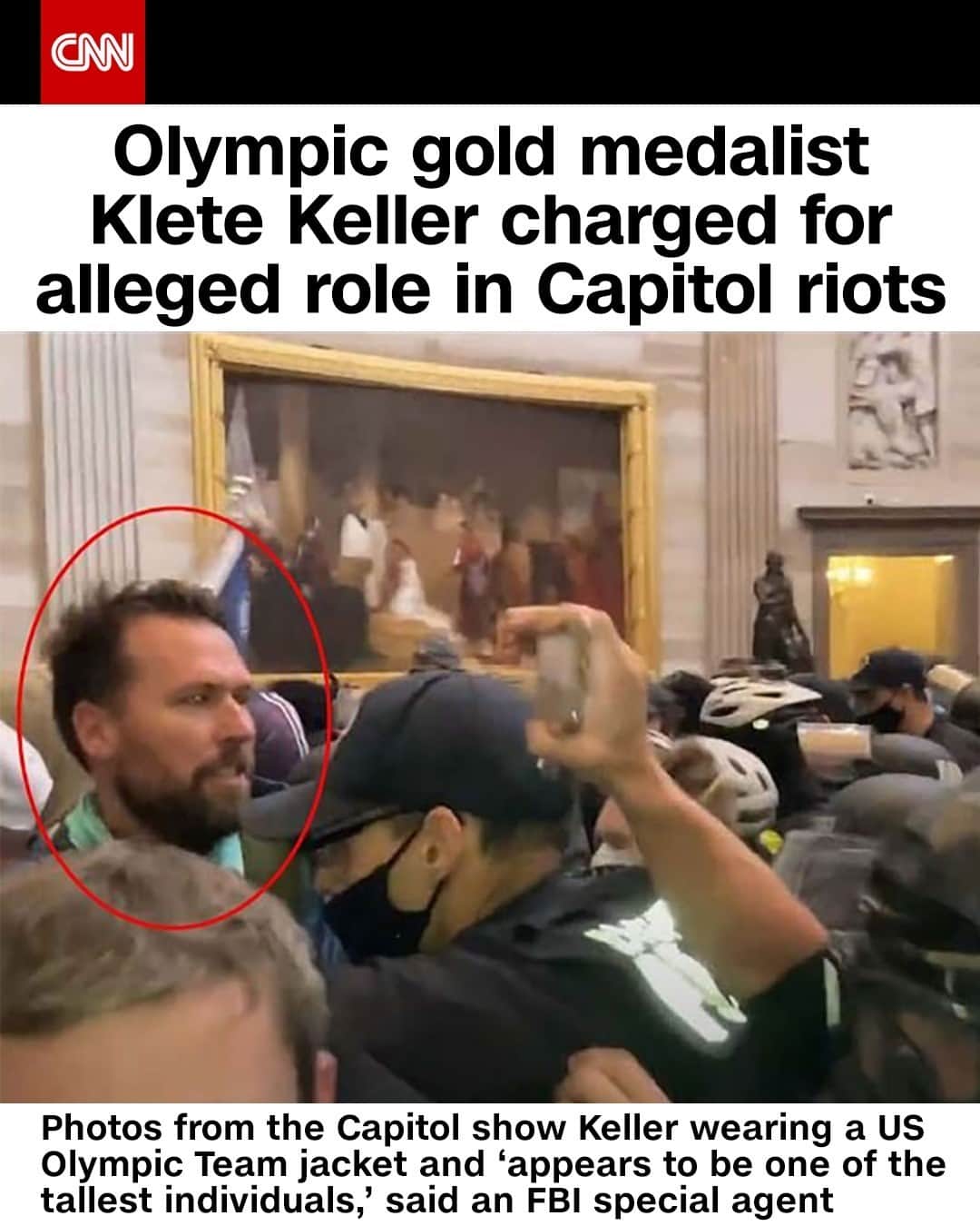 CNNさんのインスタグラム写真 - (CNNInstagram)「Klete Keller, who won five Olympic swimming medals, including two relay golds, was charged Wednesday for his alleged participation in the Capitol riot last week, according to court documents. He was charged with knowingly entering or remaining in any restricted building or grounds without lawful authority, violent entry and disorderly conduct on Capitol grounds, and obstructing law enforcement engaged in official duties incident to civil disorder, court documents say. ⁠ ⁠ Tap the link in our bio to see the key arrests so far from the Capitol riot.⁠ ⁠ (📸: Townhall Media/FBI)」1月15日 10時01分 - cnn