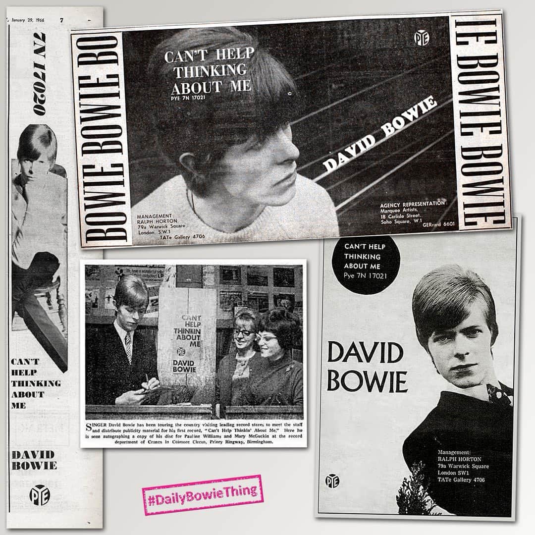 デヴィッド・ボウイさんのインスタグラム写真 - (デヴィッド・ボウイInstagram)「DAILY BOWIE THING – Day 70  “I hope I make it on my own...”  David Bowie’s 7" single, Can't Help Thinking About Me, was released on 14th January 1966 in the UK, fifty-five years ago today. Issued as Pye 7N 17020, the B-side was, And I Say To Myself, another Bowie-penned tune along with the A-side.  Officially issued as David Bowie with The Lower Third, (that's what it says on the stock copy label) evidence points to the theory that this really should have been the first solo David Bowie release. Promos of the single sport David Bowie alone, as does the front-page NME advert (published the same day as the record was released), along with the other press adverts we have used.   Further evidence can be seen in an article that appeared in a trade mag of March 3rd, 1966, (originally supplied to us by BowieNetter Shilo65) though David had parted company with the band by this time. It's also interesting to note the missing G from the song title in the shop display, reinforced by the appearance of an apostrophe in place of the missing letter in the actual copy. Where are Pauline Williams and Mary McGukin now, we wonder, and do they still have their David Bowie autographs?  In the event, the personal appearances the sharply dressed young mod made, such as the one reported above, did nothing to ensure the success of Can't Help Thinking About Me, despite three dubious weeks on the Melody Maker singles chart, a privilege which was allegedly bought with good hard cash!  Bowie promoted the single on the TV show Ready Steady Go! with his new band The Buzz on 4th March, the colour picture here is from the taping of the backing track the day before.  Can't Help Thinking About Me contained what Bowie considered to be one of the worst lines he ever wrote: “My girl calls my name ‘Hi Dave. Drop in, see you around, come back, If you're this way again’”.   It’s not that bad and either way David retained enough of a fondness for the song to resurrect a cracking version for the 1999 'hours...' promotional tour.  #DailyBowieThing  #BowieCantHelpThinking」1月15日 8時57分 - davidbowie