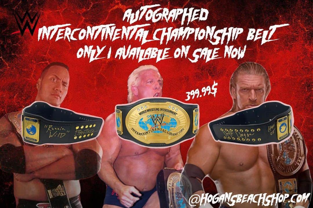 ハルク・ホーガンのインスタグラム：「First come first💥We have one signed intercontinental championship belt on sale right now, more then 100$ off 😱There’s only 1 so be fast... https://hogansbeachshop.com/products/wwe-attitude-era-intercontinental-championship-replica-title-signed?_pos=6&_sid=c706b1e18&_ss=r」