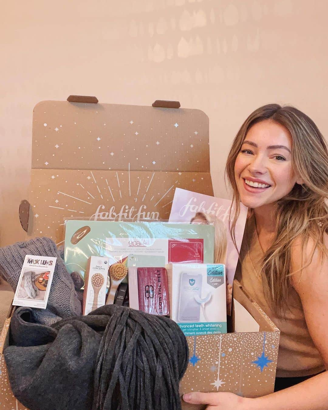 Maddie & Taeのインスタグラム：「It's #FabFitFun winter box time! #FabFitFunPartner. We are loving all these goodies! Use our code MT10 to get $10 off your FIRST box at fabfitfun.com」