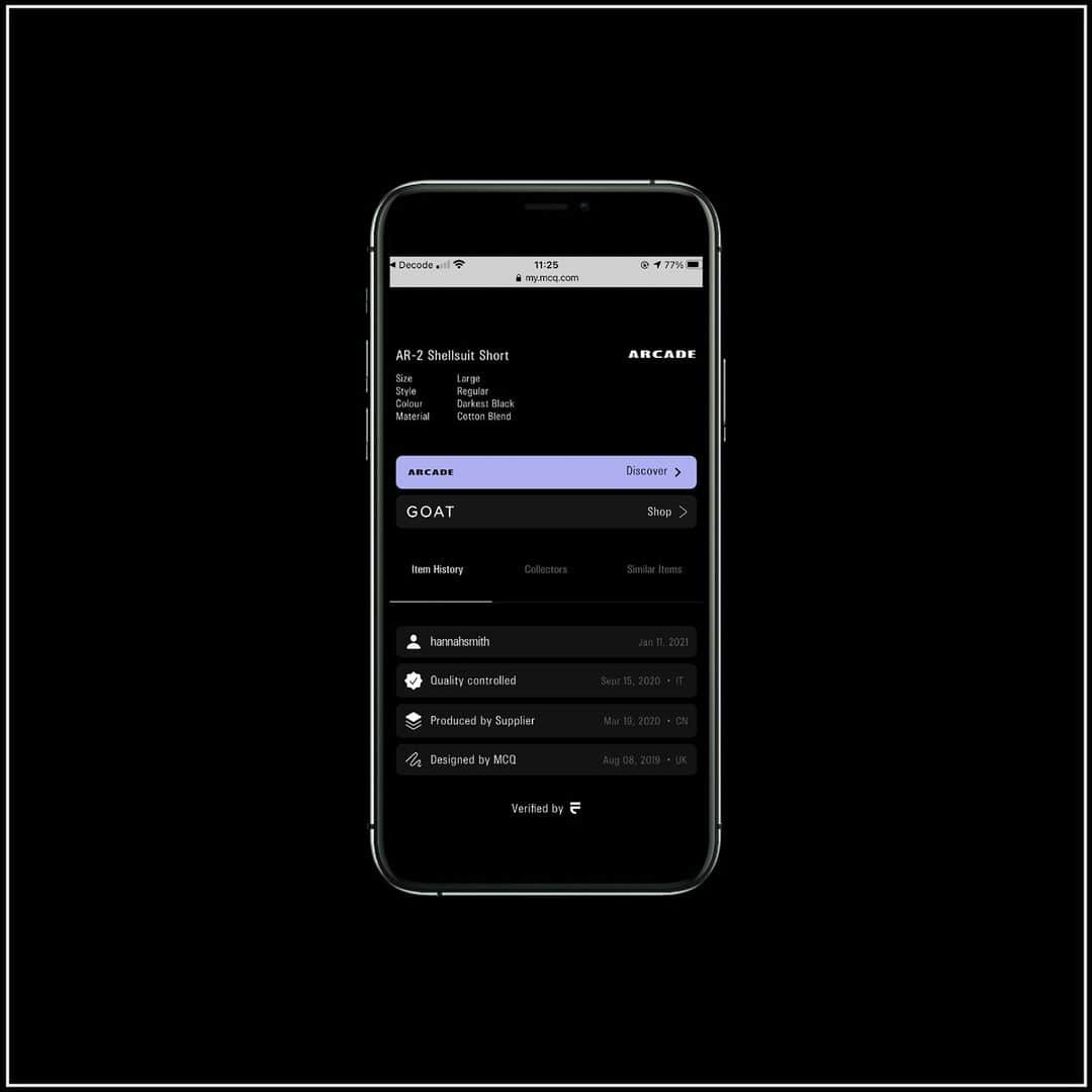 マックキュー アレキサンダー・マックイーンのインスタグラム：「Blockchain technology is embedded into every MCQ garment. This creates secure and permanent digital records of an item's country of production.⁣ ⁣ Items can then be tracked on our platform, from one collector to the next, prolonging their lifespan.」