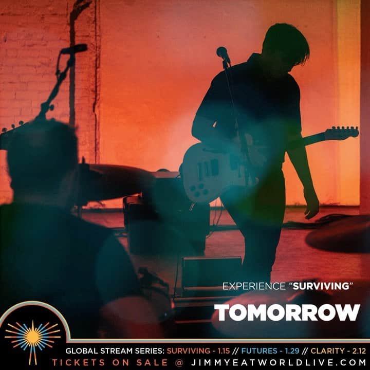 Jimmy Eat Worldのインスタグラム：「𝕋𝕆𝕄𝕆ℝℝ𝕆𝕎 is the first in our global stream series, #PhoenixSessions! It will be a performance of our tenth studio album, Surviving, on a whole new level. Get your tickets now, setup your broadcast early at 1:35pm PT for the pre-show and be ready for the premiere to begin right at 2pm PST! Tickets & merch at link in bio.」