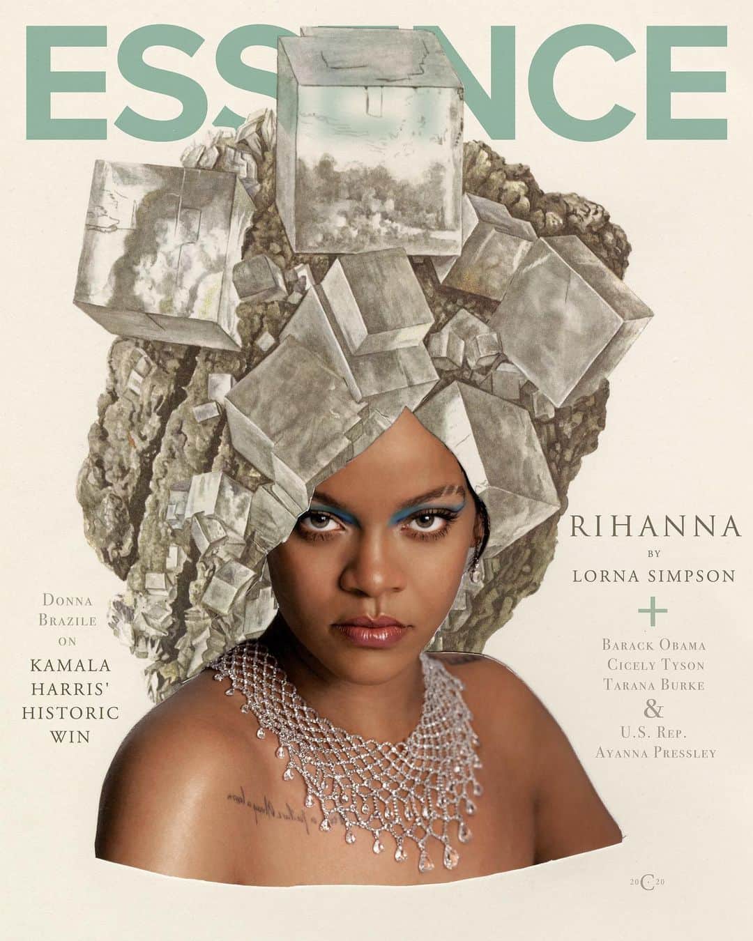 リアーナのインスタグラム：「@Essence Jan/Feb 2021 Issue 🧊 🙏🏿  Photographic collage: @lornasimpson Writer: @zorasc  Creative direction and fashion styling: @illjahjah Hair: @yusefhairnyc Makeup: @Raisaflowers using @fentybeauty & @fentyskin Manicure: @Redhotnails Tailor: @grace_r_kim_tailor」