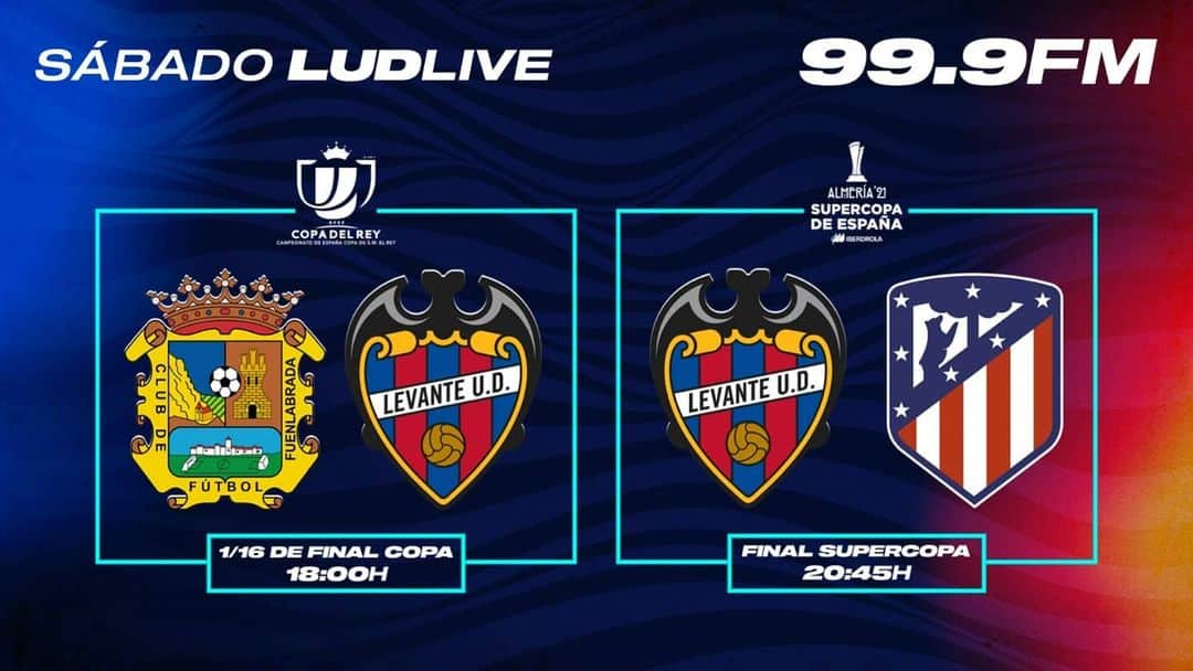 レバンテUDさんのインスタグラム写真 - (レバンテUDInstagram)「🎙🐸 SÁBADO #LUDLive 🐸🎙  🔴 Desde las 17:30h de forma ininterrumpida 😜  1/16 #CopaDelRey 🏆 (18h) 🆚️ @cffuenlabrada  FINAL #SupercopaFemenina 🏆 (20:45h) 🆚️ @atletifemenino  📻 99.9 FM @999valenciaradio 💻 www.la999.es  #OrgullGranota 💙❤」1月15日 3時00分 - levanteud