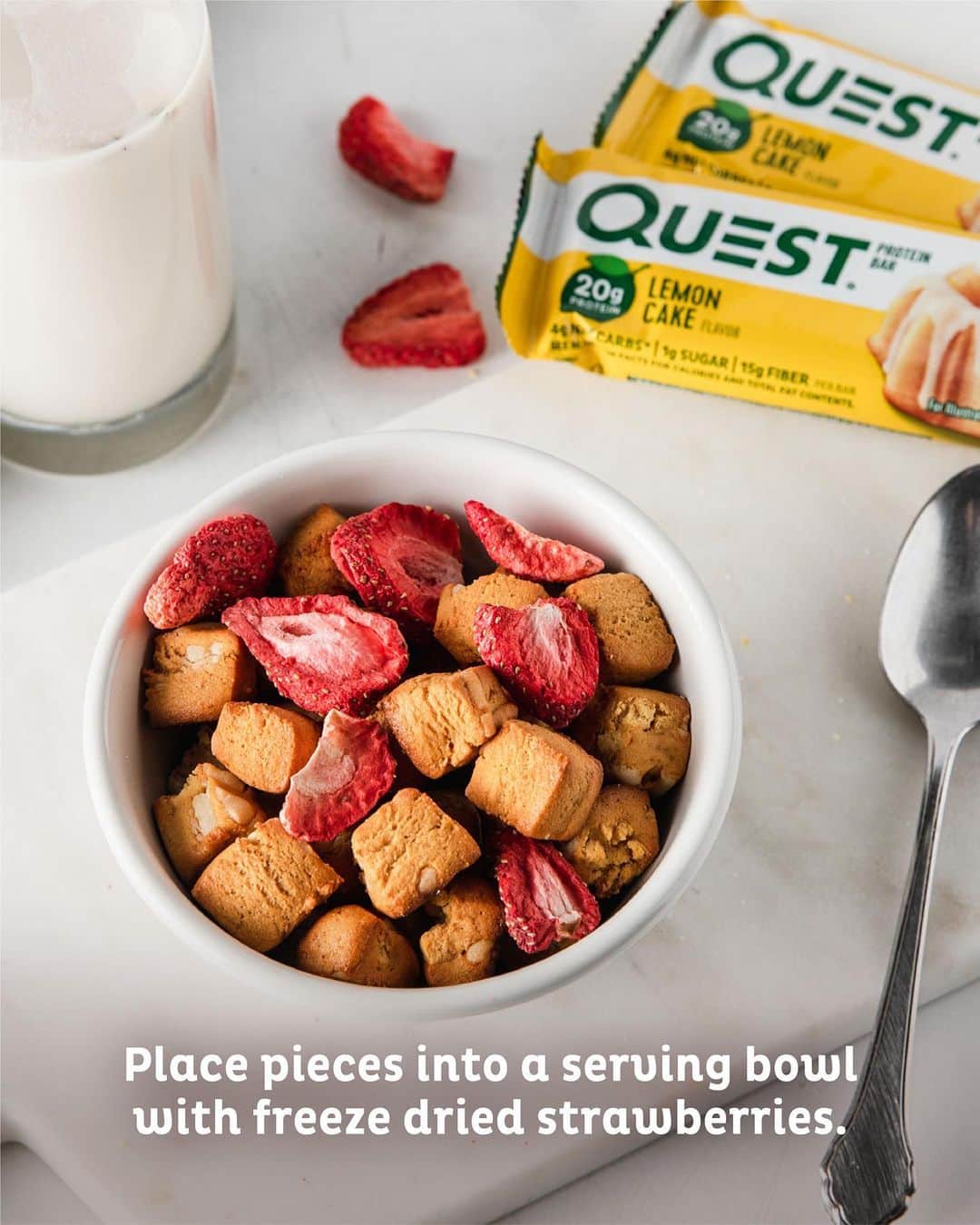 questnutritionさんのインスタグラム写真 - (questnutritionInstagram)「Try this easy-to-make Questified Lemon Cake Cereal! 💪🍋 🥣  👉SWIPE THROUGH📲 • Ingredients: 👉 1 Lemon Cake Quest Bar 👉 2 tbsp dried strawberries 🍓  👉 ½ cup unsweetened almond milk 🥛  • Enjoy!!! 👌」1月15日 3時41分 - questnutrition
