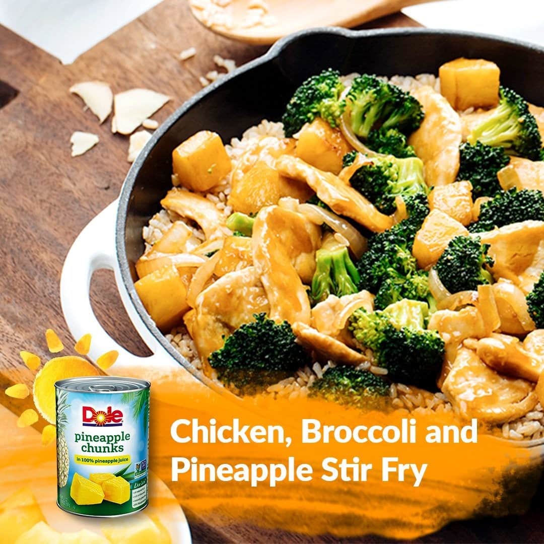 Dole Packaged Foods（ドール）のインスタグラム：「Stir things up with our Chicken, Broccoli and Pineapple Stir Fry recipe - it’s quick and delicious!  INGREDIENTS •	2 cups MINUTE® Brown Rice, uncooked •	2 teaspoons vegetable oil •	2 tablespoons cornstarch •	1 pound boneless, skinless chicken breasts, cut in strips •	1 medium DOLE Onion, thinly sliced •	1 tablespoon fresh ginger, grated •	2 garlic cloves, finely chopped •	1 cup DOLE Broccoli, cut into florets •	1 can (20 oz.) DOLE Pineapple Chunks in 100% Pineapple Juice, drained; reserve juice •	1/4 cup KIKKOMAN® Less Sodium Soy Sauce •	1/4 cup KIKKOMAN® Stir Fry Sauce  DIRECTIONS 1) Prepare rice according to package directions. 2) Heat oil in non-stick wok or large skillet. Add chicken; stir fry 5 to 7 minutes or until no longer pink. Add onion, ginger and garlic to same pan; stir fry 3 minutes more. 3) Combine reserved juice, soy sauce, stir fry sauce, and cornstarch in a small bowl; add to pan. Add broccoli and pineapple. Cover, cook 2 to 3 minutes more or until broccoli is tender-crisp. Serve over brown rice.」