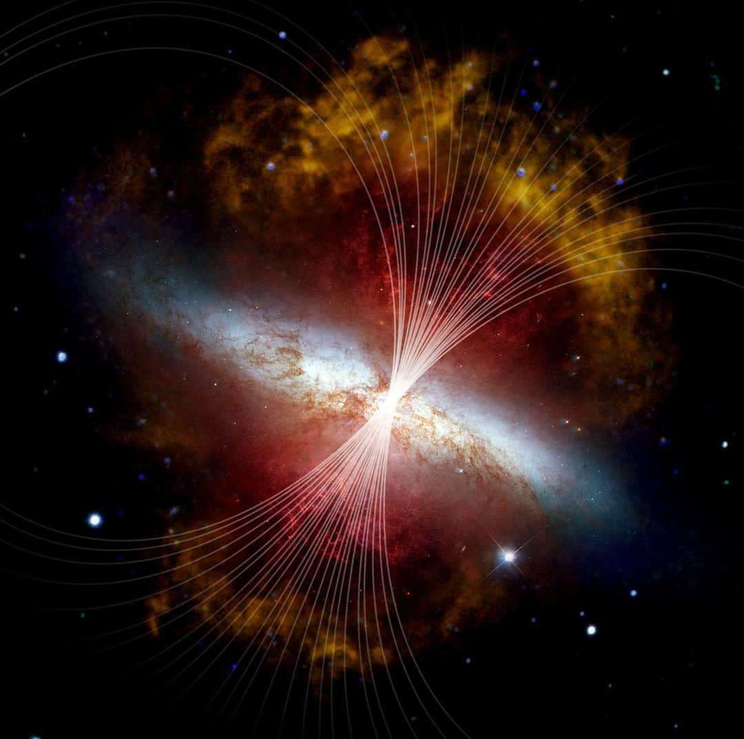 のインスタグラム：「Get in loser, we're going stargazing 🌌  Magnetic fields in Messier 82, or the Cigar galaxy, are shown here as lines over a visible light and infrared composite image of the galaxy from the @NASAHubble & the Spitzer Space Telescope.   The galaxy located in the constellation Ursa Major is remarkable. Stellar winds streaming from hot new stars form a galactic super wind that blasts out plumes of hot gas (red) and a huge halo of smoky dust (yellow/orange) perpendicular to the narrow galaxy (white). Researchers used the Stratospheric Observatory for Infrared Astronomy (@sofiatelescope) magnetic field data and tools that have been used extensively to study the physics around the Sun to extrapolate the magnetic field’s strength 20,000 lights-years around the galaxy.   The highways appear to extend indefinitely into intergalactic space, like the Sun’s solar wind, and may help explain how the gas and dust have traveled so far away from the galaxy.    Credits: NASA, SOFIA, L. Proudfit; NASA, ESA, Hubble Heritage Team; NASA, JPL-Caltech, C. Engelbracht  #NASA #M82 #Galaxy #Universe #Constellation #CigarGalaxy #UrsaMajor #SpaceHighway」