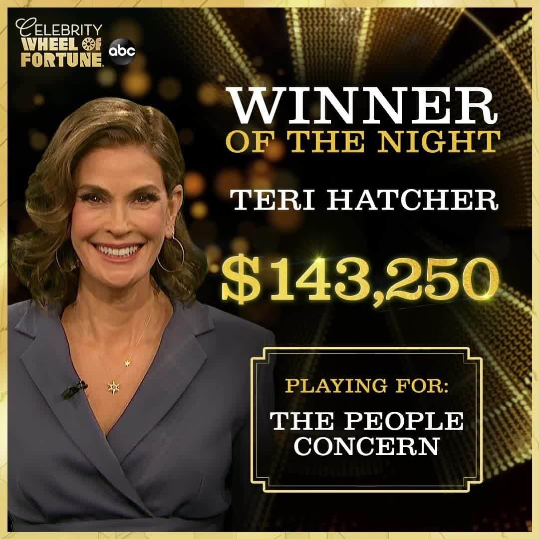 アメリカン・ブロードキャスティング・カンパニーのインスタグラム：「What a win! 🎉 Congrats to @officialterihatcher on the huge winnings for her charity, @thepeopleconcern! #CelebrityWheelOfFortune」