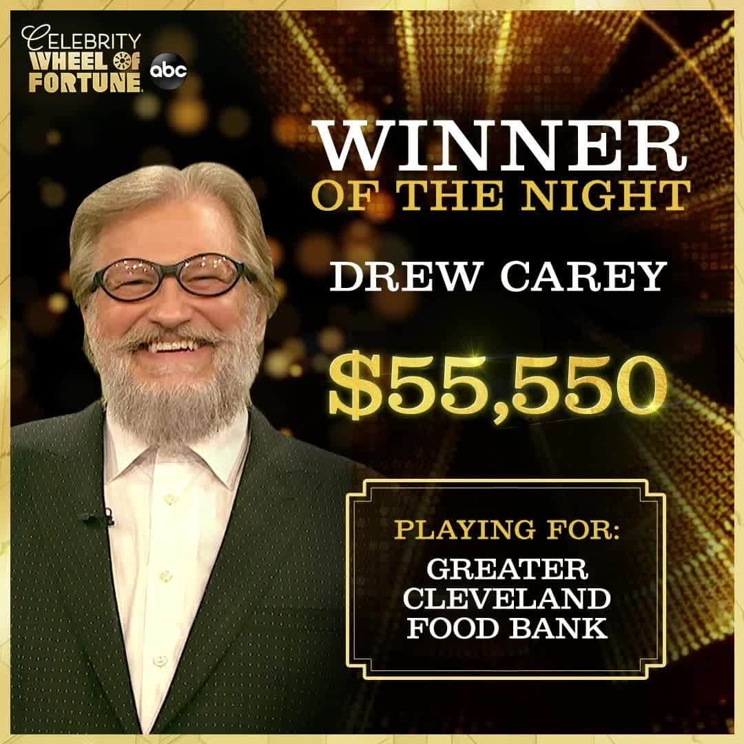アメリカン・ブロードキャスティング・カンパニーのインスタグラム：「The celebration continues with @DrewFromTV's #CelebrityWheelOfFortune winnings for @clefoodbank!」