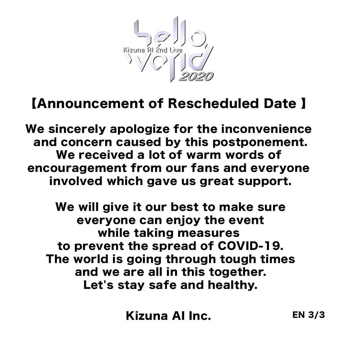 キズナアイさんのインスタグラム写真 - (キズナアイInstagram)「To our dearest fans,  We apologize for the delay in our New Year’s greetings. Last year, due to unavoidable circumstances, we had to postpone Kizuna AI 2nd Live “hello, world 2020.” We would like to inform the rescheduled date of the concert.  ＝＝＝＝  ＜Kizuna AI 2nd Live “hello, world 2020"＞ January 23rd (Sat) 20:00〜(JST) ＠YouTube, U-NEXT, TikTok, bilibili, OculusVenues  ＜hello, world After Party on the sunset beach!＞ January 23rd (Sat)22:00〜(JST) @bilibili Limited （Only available in China.）  ＜hello, world After Party Acoustic mini LIVE!＞ January 23rd (Sat)23:30〜(JST) @U-NEXT Limited （Only available in Japan. Account not needed.）  ＝＝＝＝  We sincerely apologize for the inconvenience and concern caused by this postponement.  We received a lot of warm words of encouragement from our fans and everyone involved which gave us great support.  We will give it our best to make sure everyone can enjoy the event while taking measures to prevent the spread of COVID-19. The world is going through tough times and we are all in this together.  Let’s stay safe and healthy.  Kizuna AI Inc.」1月15日 12時09分 - a.i.channel_official