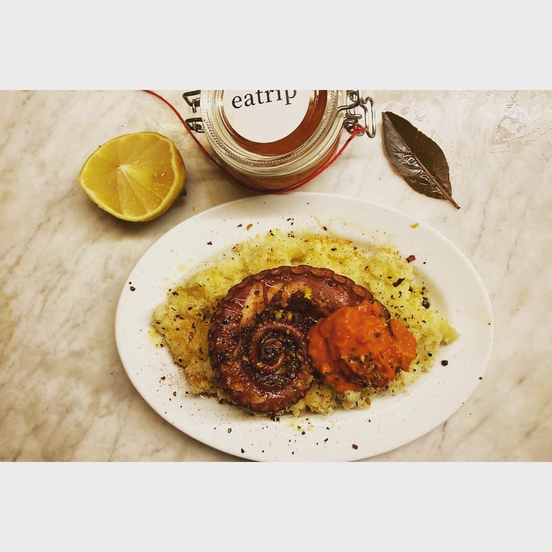 journaleatripのインスタグラム：「grilled octopus & alissa  蛸一本グリルして マッシュポテトとアリッサをたっぷり添える。 このアリッサ、好評の理由はロースト赤ピーマンベースなので辛さの中に甘味もあるからと思うのですが、その分何でも合わせててしまいます。もしよろしければ。  #蛸の動きの速さ#腰がひける」