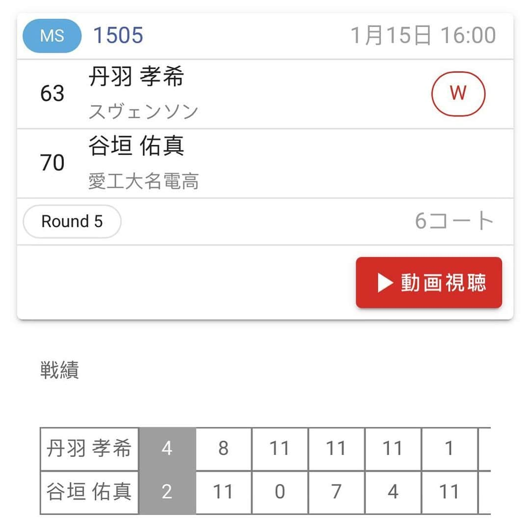 丹羽孝希さんのインスタグラム写真 - (丹羽孝希Instagram)「丹羽孝希(スヴェンソン) 4-2 谷垣佑真(愛工大名電高)  8-11, 11-0, 11-7, 11-4, 1-11, 11-8」1月15日 16時52分 - allforkokiniwa