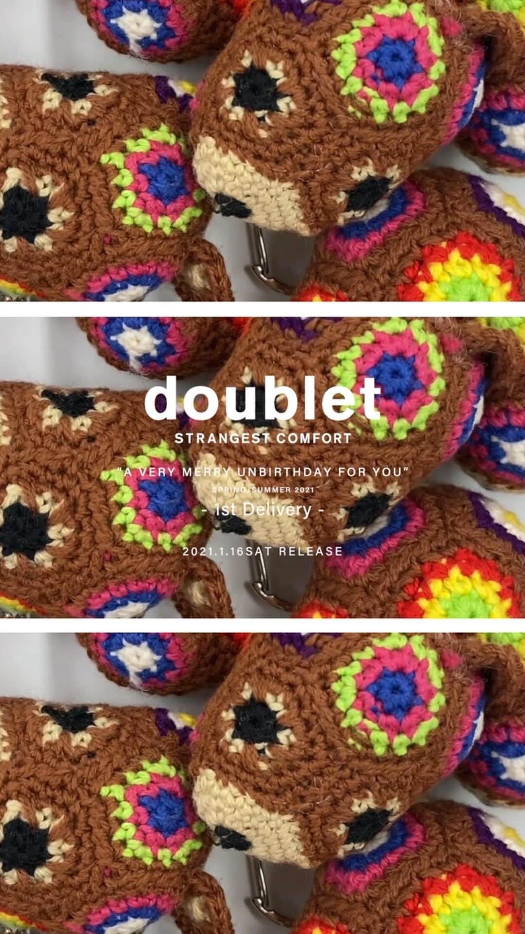 LOVELESS/GUILD PRIME 公式アカウントのインスタグラム：「. 『 doublet 』  @__doublet__ doublet 21ss 1.16sat 1st delivery release  多くのファンに支持され今なお進化するブランド「doublet/ダブレット」。2021年春夏コレクションはデザイナー井野将之氏が自粛期間に感じたことがアイデア源として作成した約10分のユーモラスに富んだムービー形式で披露された。さらに2020年10月、ムービープレゼンテーションとは対照的に2021年春夏コレクションとアーカイブアイテムを織り交ぜ、ゾンビに扮したモデルを起用してホラーな要素を取り入れたランウェイショーも披露し話題となった。その21SS 1st deliveryがついに1/16(土)待望のリリース。さらに今回は全国のラブレス店舗(青山、心斎橋、京都、天神)とオンラインストア同時の発売スタート。  ※オンラインストアでは1/16(土)11時より発売開始となります。  誕生日、クリスマス、バレンタインにハロウィン。特別な日だけでなく、なんでもない毎日も祝うことができたら。 大好きなあの子へのプレゼント。親切にしてくれた人へのお礼のプレゼント。頑張った自分へのご褒美のプレゼント。 買いに行くこと、渡しに行くこと、反応を想像すること。プレゼントよりも大事な、そこで生まれる喜びの笑顔。その笑顔を見れたら、きっと毎日は特別にできるはず。  幸せな気持ちになるようなムードをプレイフルな数々の洋服に載せたコレクション。  プロフィールURL内NEWSにて発売内容を紹介中。是非ご覧ください。  #loveless  #doublet #newarrivals  #21ss #newseason  #21springsummer  #1stdelivery  #fashion #selectshop #trend﻿ #ラブレス #ダブレット」