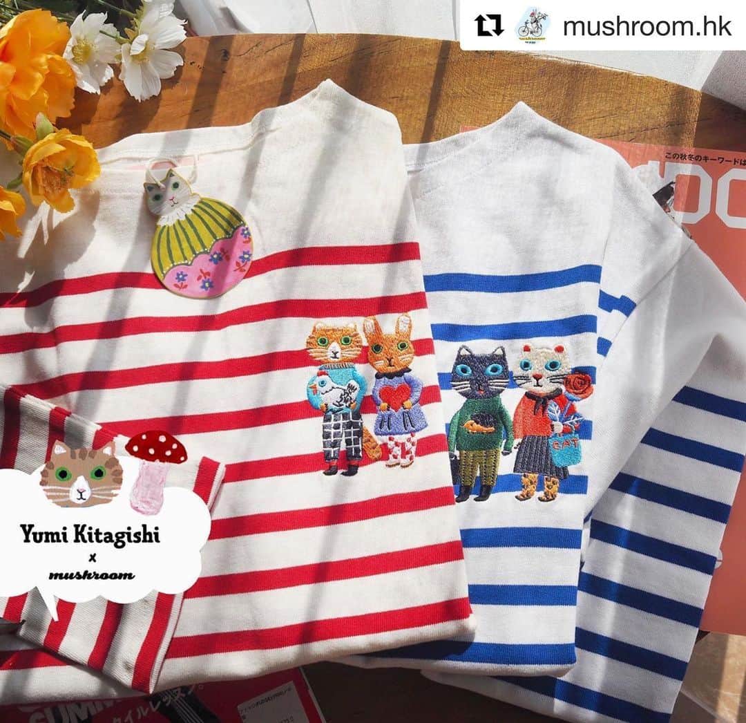 北岸由美のインスタグラム：「Happy collaboration with @mushroom.hk !!  香港のかわいいアパレルショップ @mushroom.hk さんとコラボレーションさせていただきました🤍🍄  #Repost @mushroom.hk  ・・・ 【🍄日本插畫家の北岸由美🏠🐱】 靚到癲～十級可愛的條子刺綉Tee❤️💙 超可愛的貓跟蘑菇森林系列～Kawaii 2021第一個全新合作系列今晚上架💙💙💙 非常少女心的 @yumikitagishi 🐰🐶🐼🐱 參加遊戲優惠-$20{留言毒朋友+tag朋友+Like} 希望大家都喜歡佢～こんにちは❣️  今晚Live留言可以再減$10❣️❣️ 【 Friday FB LIVE 9:00 】👧🏻+👱🏻‍♀️+🧒🏻 Ling Ling + Trista + Ivy會同大家介紹 記得準時收看～🍄🐱🌳🌻🌲❣️」